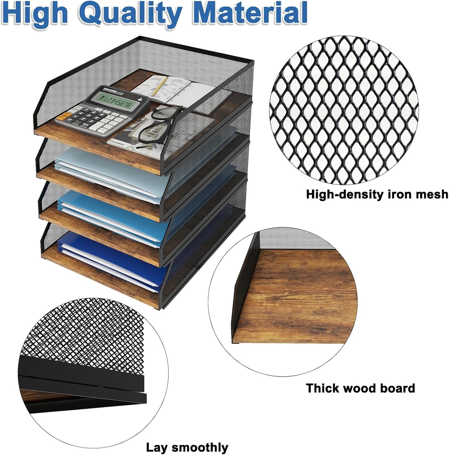 Natwind 4-Tier Stackable Metal Mesh Paper Organizer with Sliding Tray,Retro | Wooden Desk Organizer, Letter Tray For