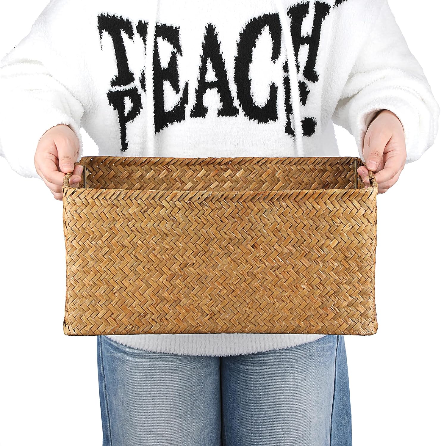 Seagrass Storage Baskets Bin / 16.1 x 11.8 x 7.7 / Large / Caramel