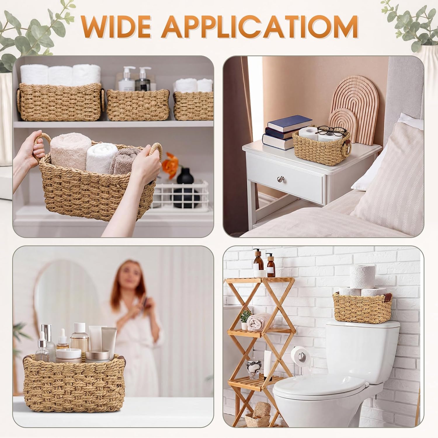Toilet Paper Storage Wicker Baskets Bathroom Counter Organizer / Paper Rope / Brown / Set of 3