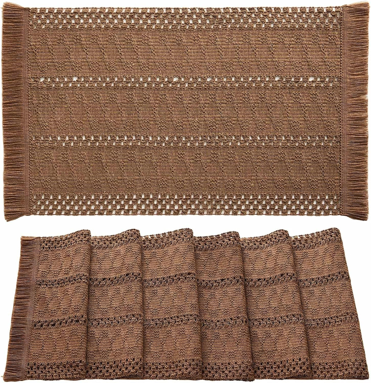 Macrame Style Boho Placemats Set of 6, Caramel 12x20 Inch | Decorative Farmhouse Table Mats, Natural Cotton Woven Place