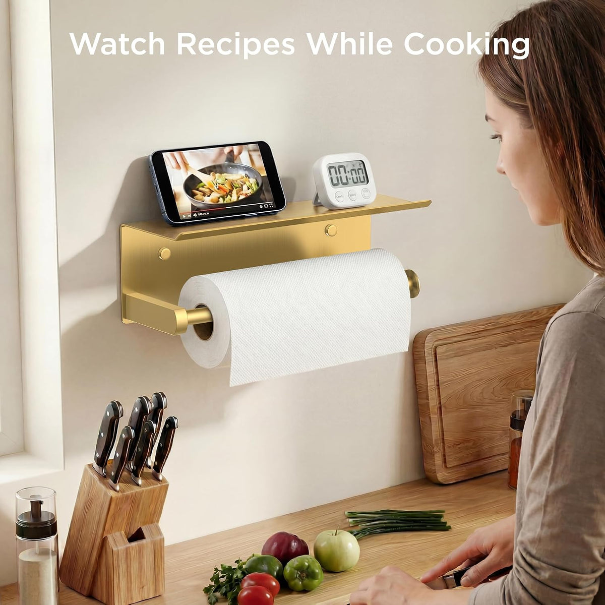 FORIOUS Wall Mount Paper Towel Holder with Shelf for Kitchen, Brushed Gold | Heavy Duty SUS304 Stainless Steel Paper