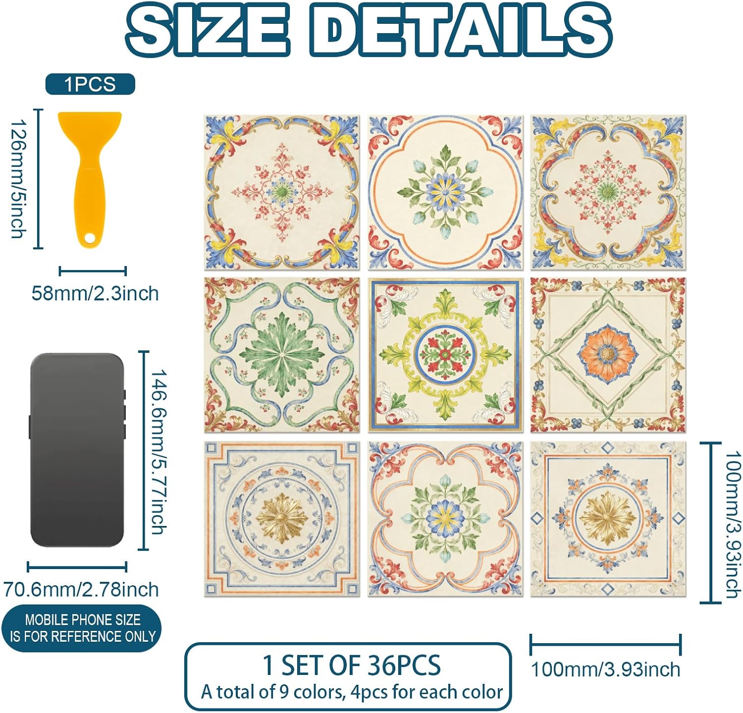 9 Styles Tile Sticker Colorful Patten Wall Tile Stickers Waterproof / Retro Beige Patten / Set of 36