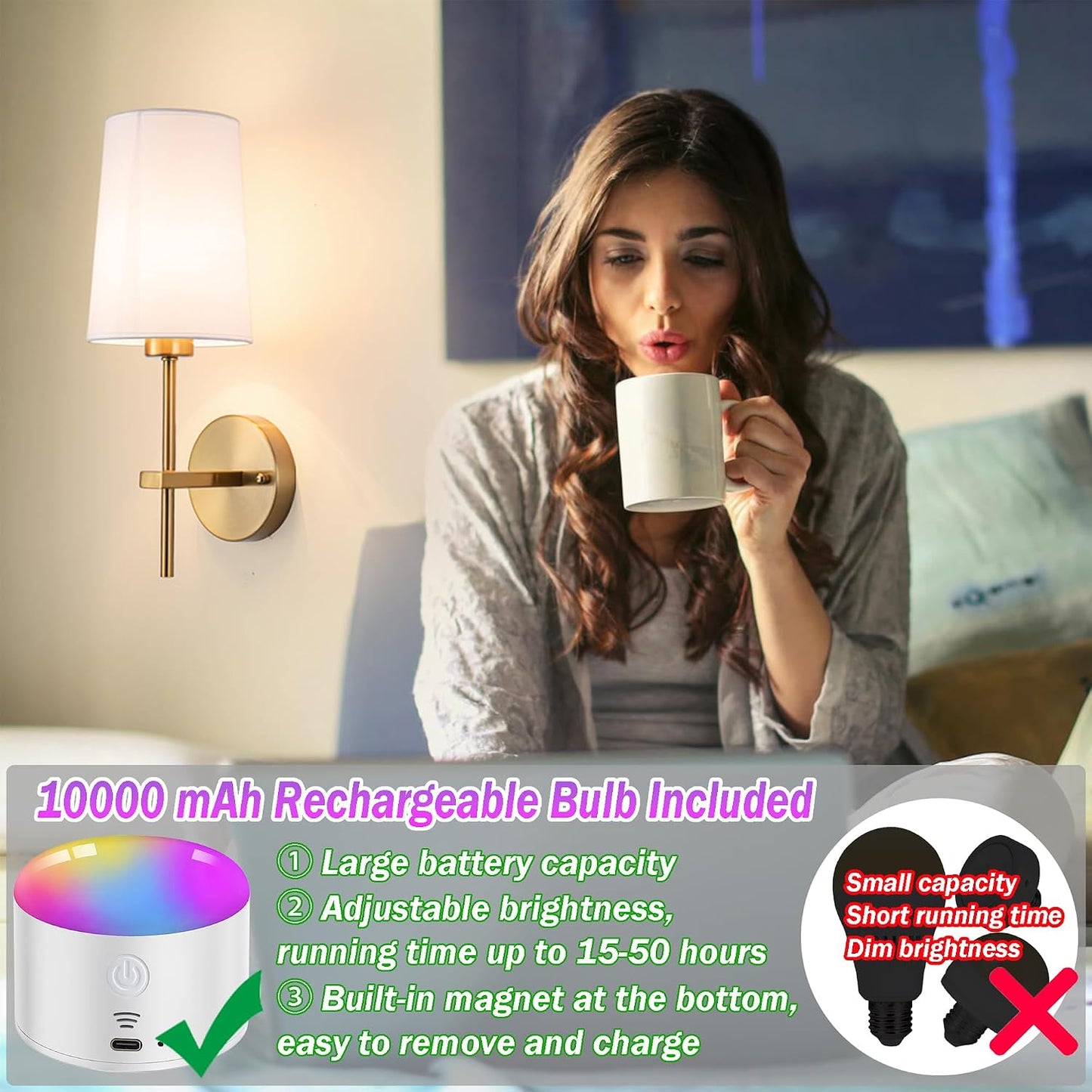 Battery Operated Wall Sconce Set of 2, Wireless Dimmable Battery Powered Wall Lamp with Remote Control,battery Wall