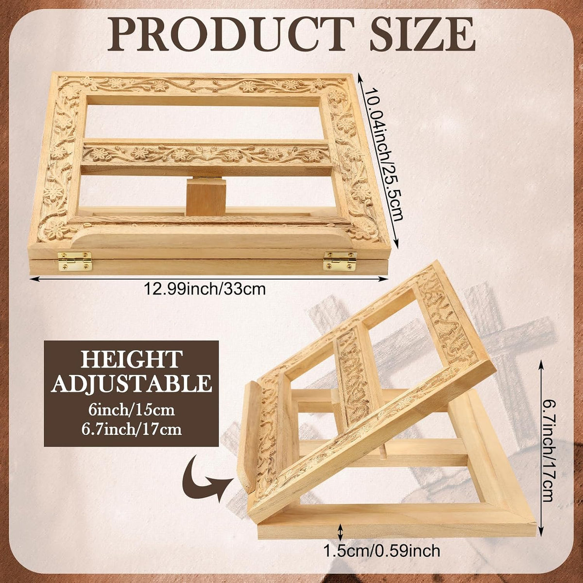 DoubleFill Adjustable Wooden Bible Stand Carved Folding Holder,Light Brown | 12.99x10.04 Inches, For Prayer Books