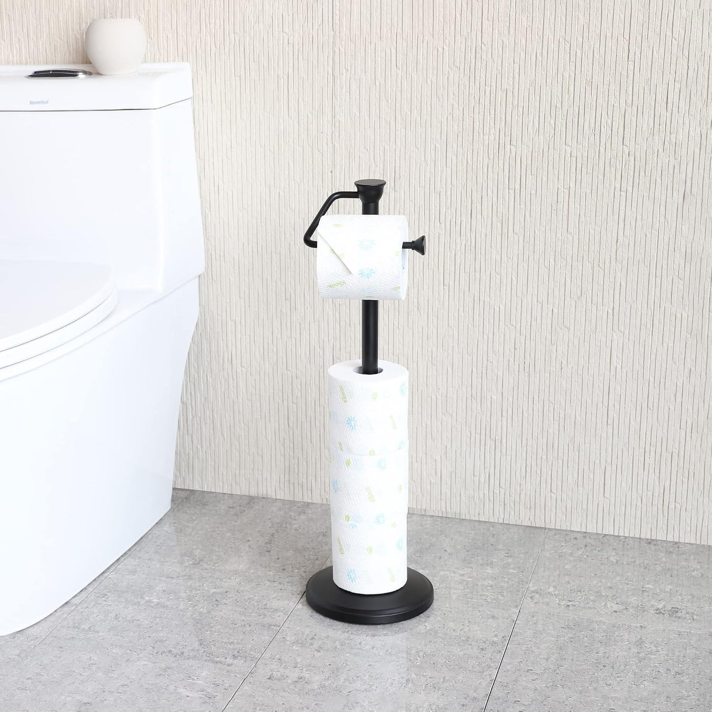 Free Standing Toilet Paper Holder Stand with Reserve, Bathroom Tissue Dispenser Storage for 5 Mega Rolls, Black Toilet
