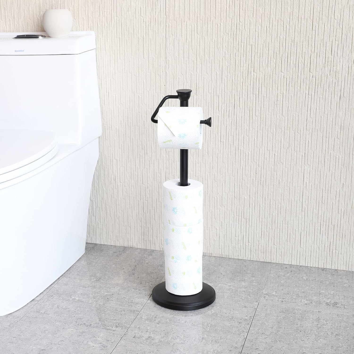 Free Standing Toilet Paper Holder Stand with Reserve, Bathroom Tissue Dispenser Storage for 5 Mega Rolls, Black Toilet