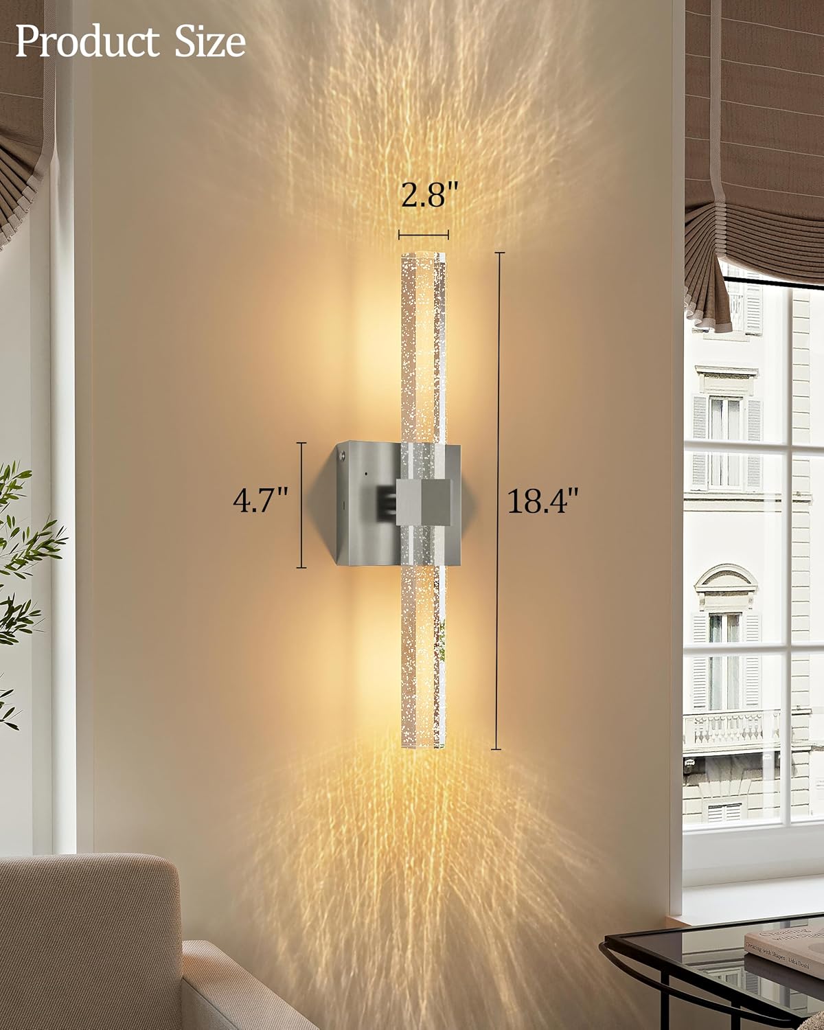 Battery Operated Wall Sconces Set of 2, Nickel, Bubble Crystal, 18.4 Inch | LED Wireless Rechargeable Wall Lights