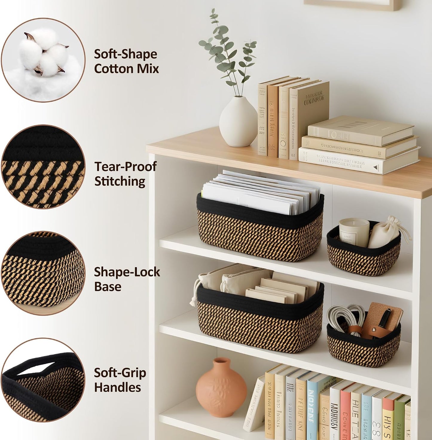 Small Woven Rope Storage Baskets / Black & Gold / 11.81*7.48*4.72'' & 5.91*5.91*2.56 / Set of 5