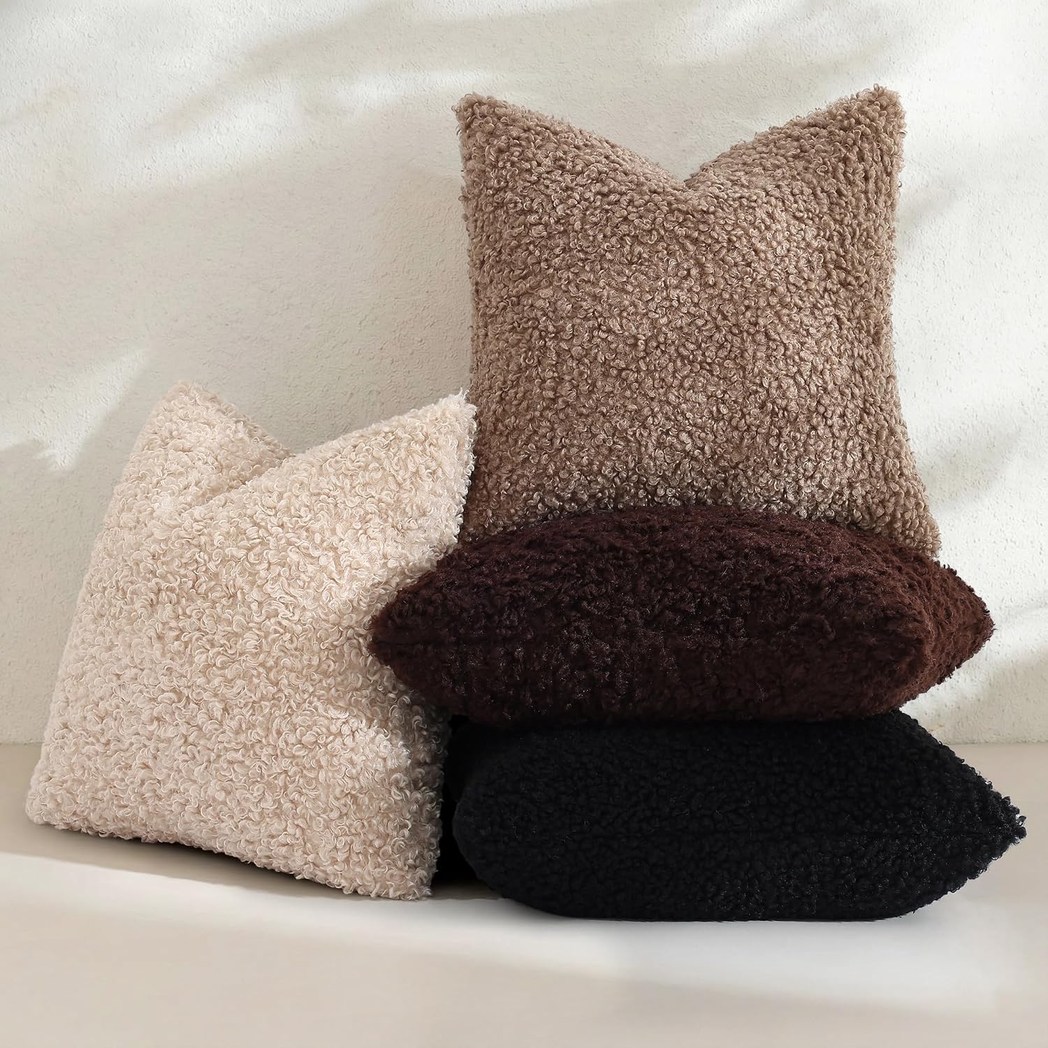 Faux Fur Decorative Sherpa Pillow Covers Fuzzy Accent Soft / Black / 18 x 18 / Set of 2