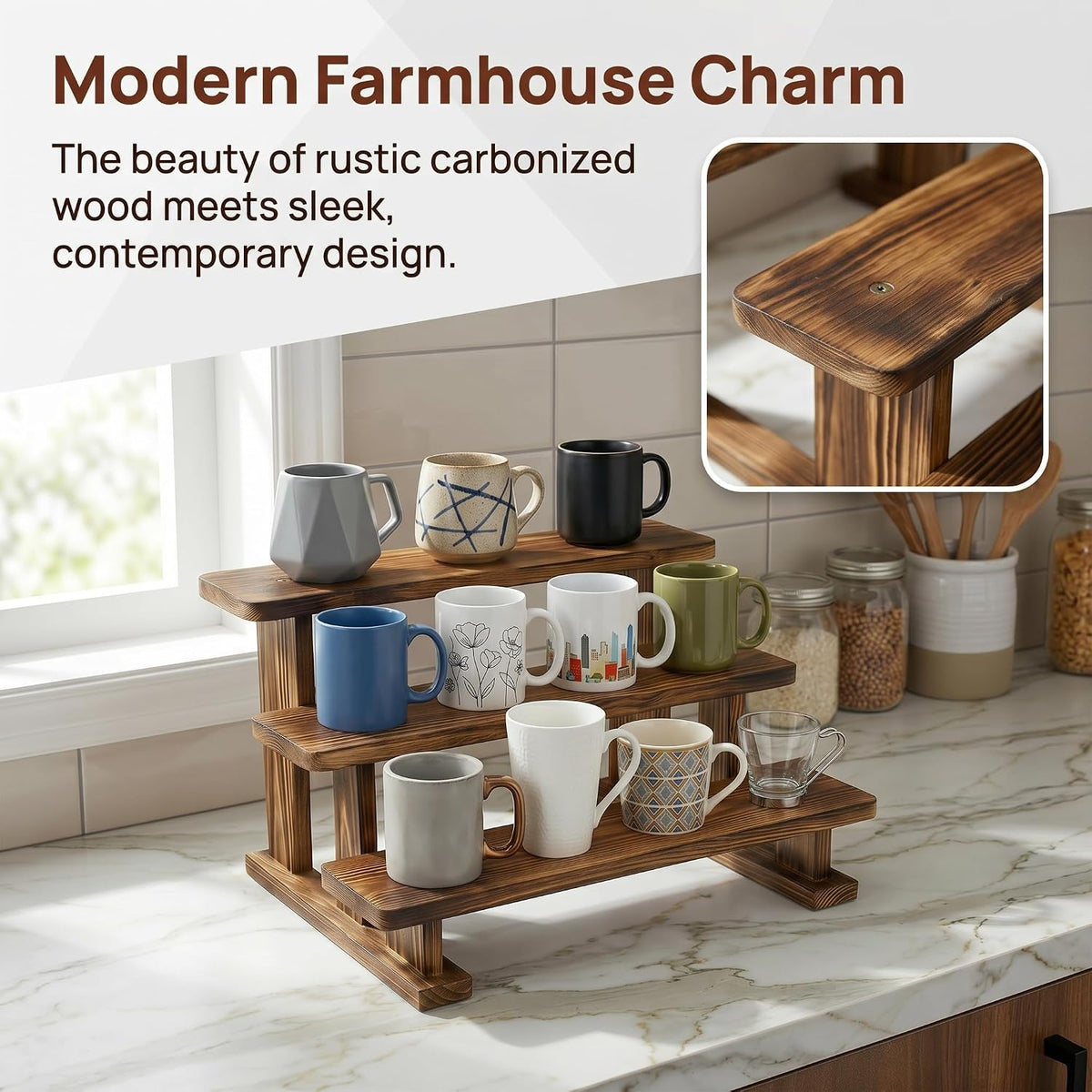 2 Pack 3 Tier Coffee Mug Display Shelf, Wooden Mug Organizer | Mug Display Shelve Coffee Station Organizer Display Rack
