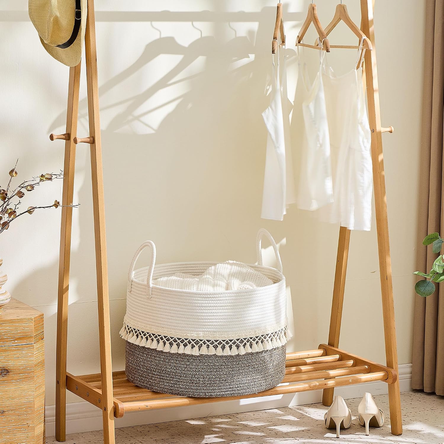 Pillows / Cotton Rope Storage Basket / Beige Fringe / 20 x 13