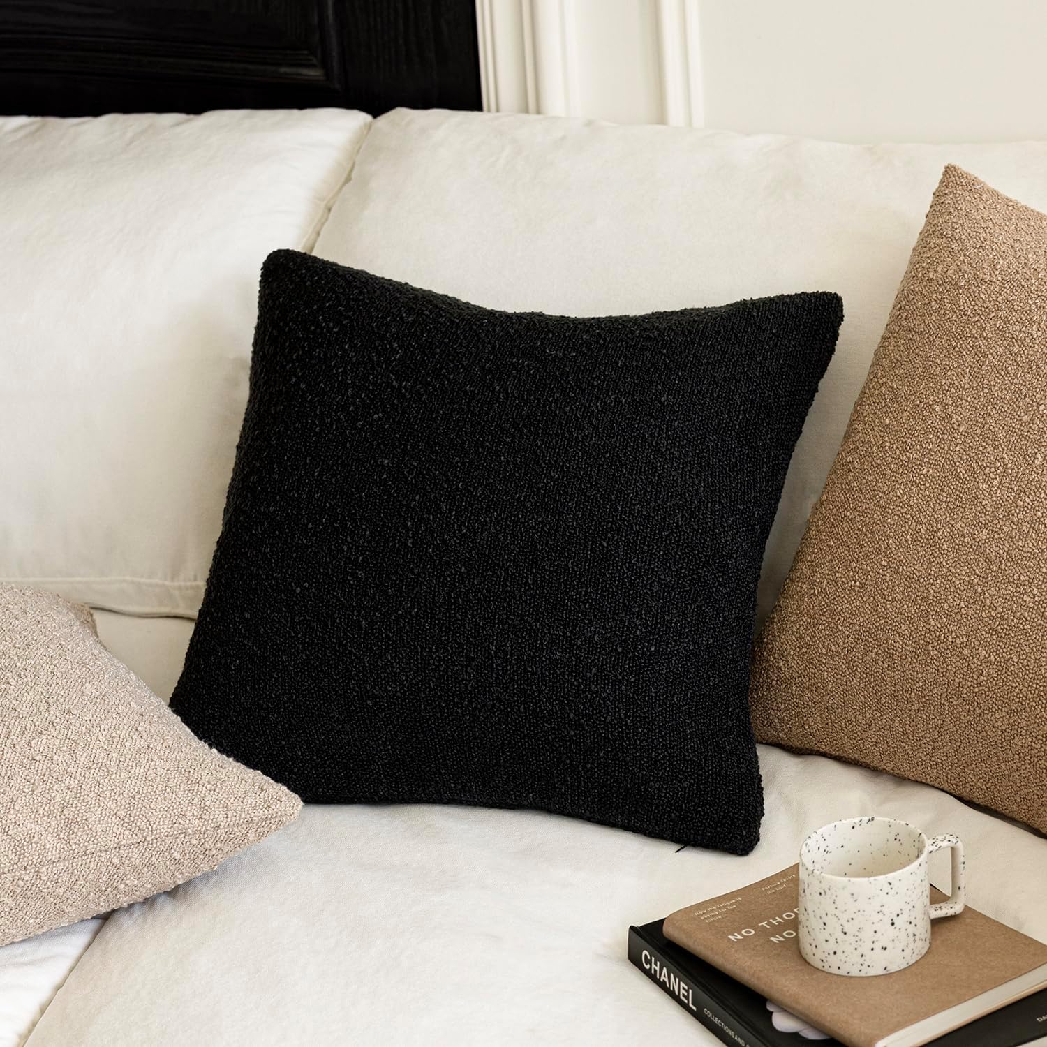 Decorative Textured Boucle Throw Pillow Covers Accent Solid Pillow / 18 x 18 / Black / Set of 2