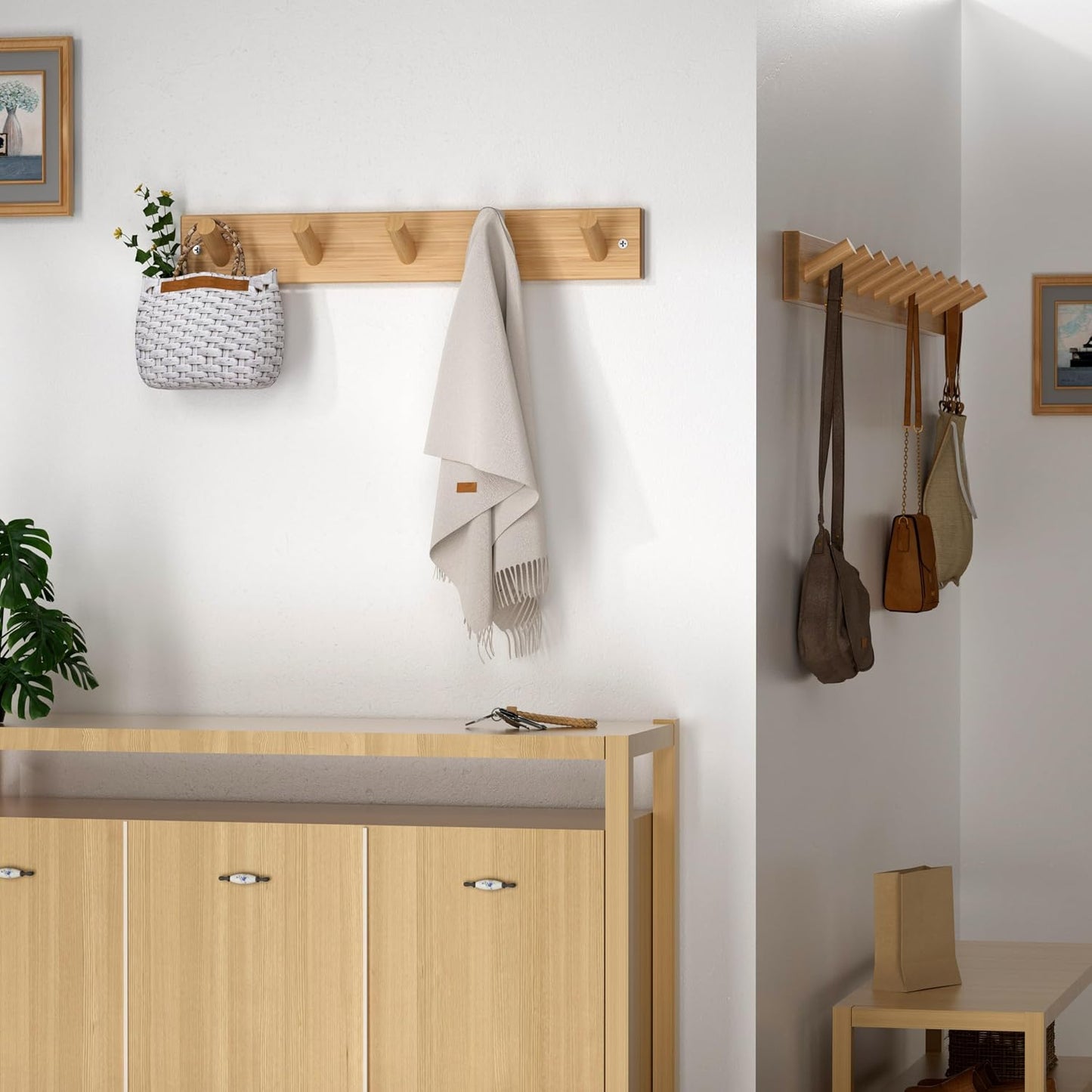 SKOLOO Coat Rack Wall Mount 17 inch, 5 Hooks, Bamboo, Shaker Style, Natural | Wooden hooks for wall, painted finish