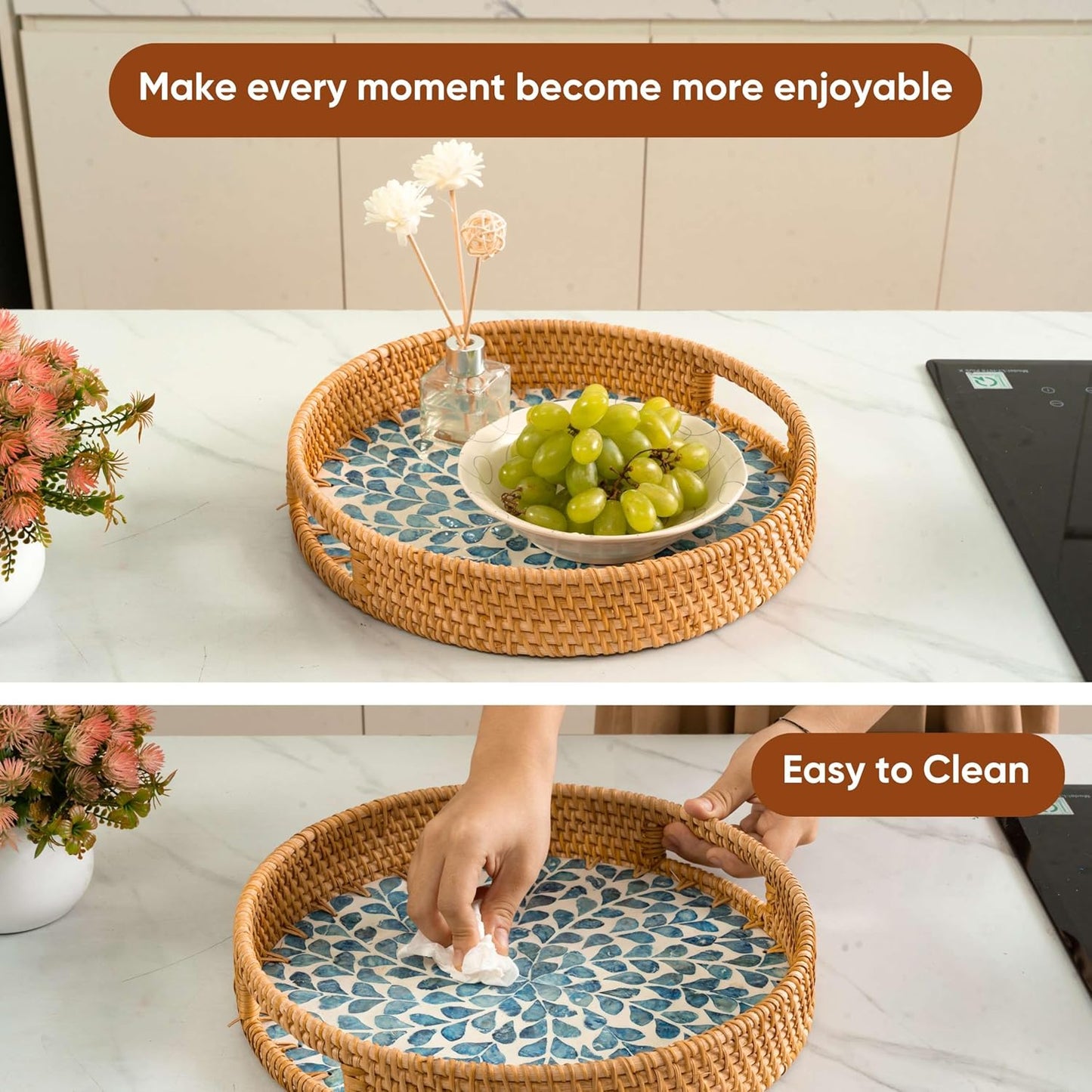 Round Rattan Tray / Blue Leaves