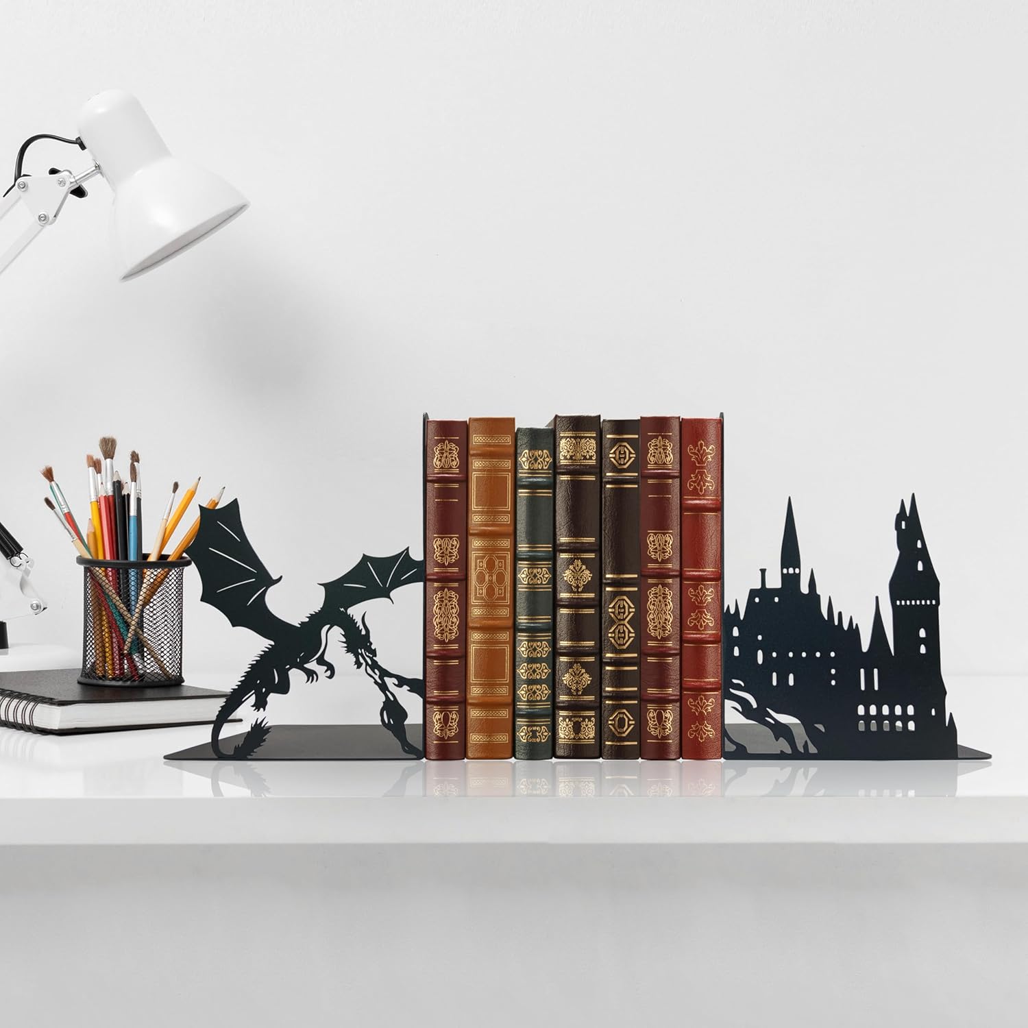 Unique Metal Castle Dragon Bookends