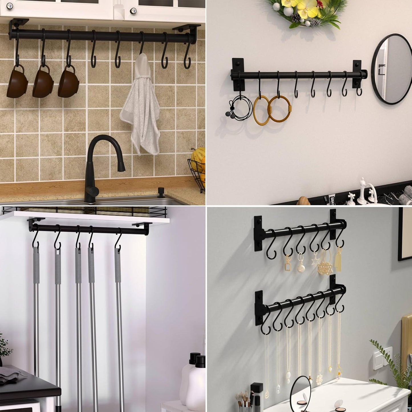 Kitchen Utensil Holder Hanger, Pot and Pan Rack Wall Mounted, Kitchen Rail with 8 Hooks for Hanging Cooking Utensils
