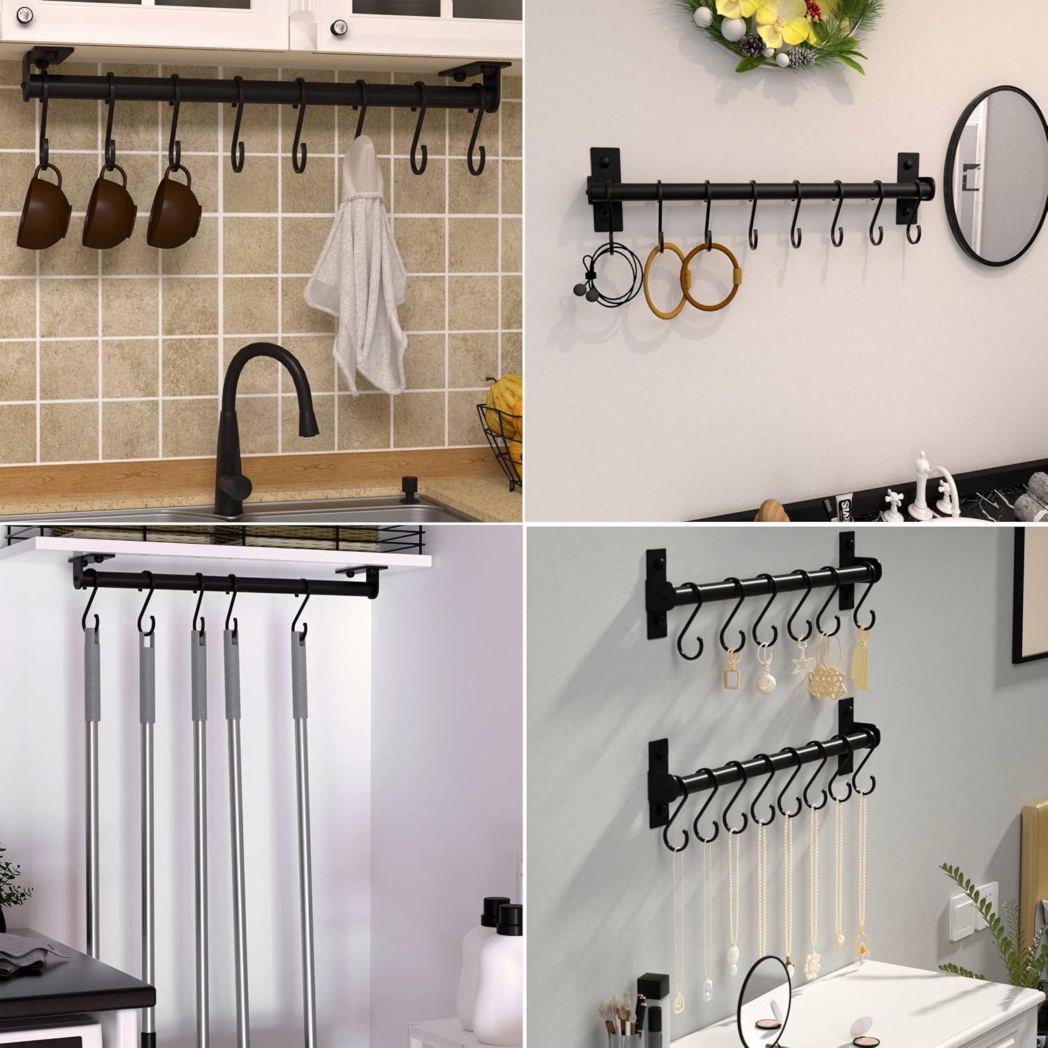 Kitchen Utensil Holder Hanger, Pot and Pan Rack Wall Mounted, Kitchen Rail with 8 Hooks for Hanging Cooking Utensils