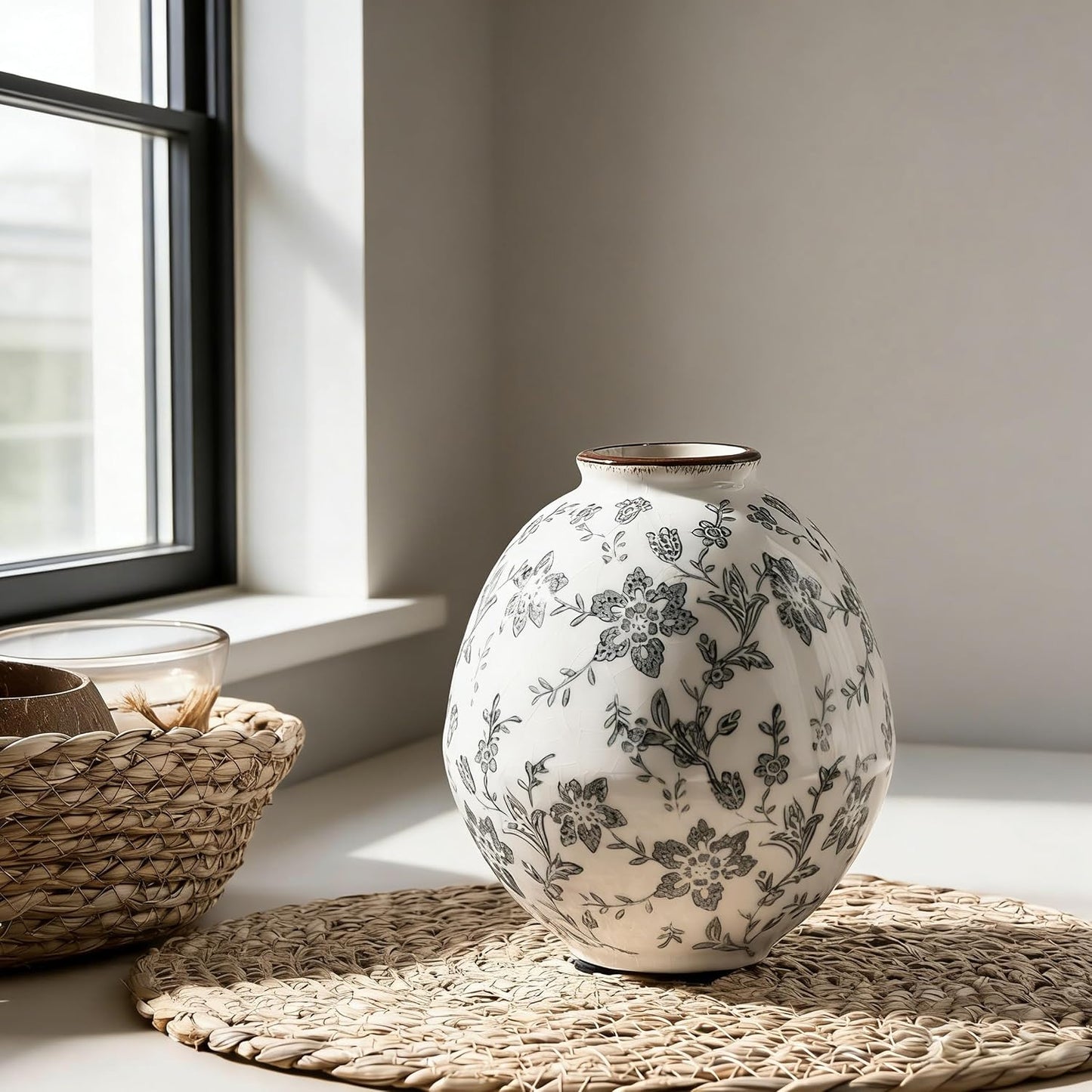 Antique Rustic Ceramic Vase / Gray Chinoiserie Floral- 5.83 / 5.83 Inch