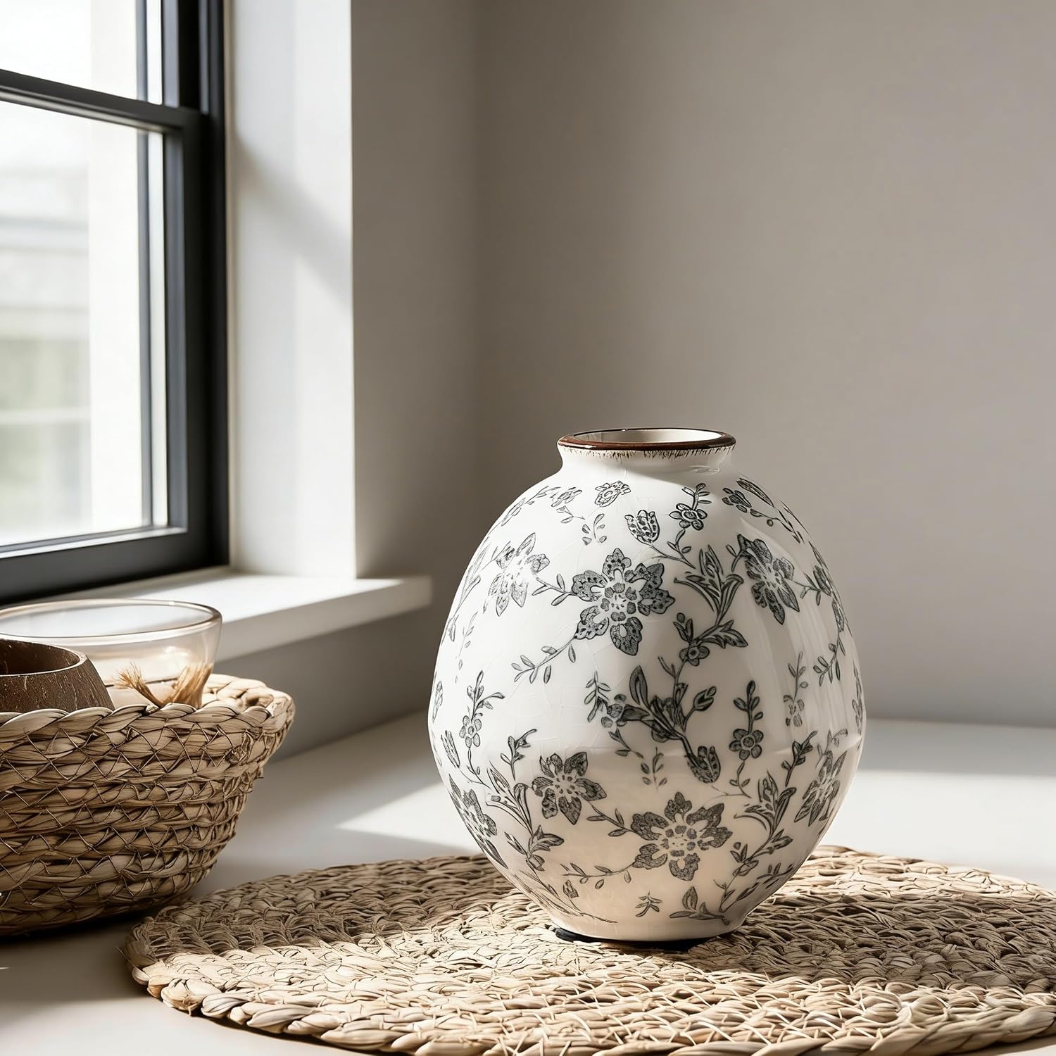 Antique Rustic Ceramic Vase / Gray Chinoiserie Floral- 5.83 / 5.83 Inch