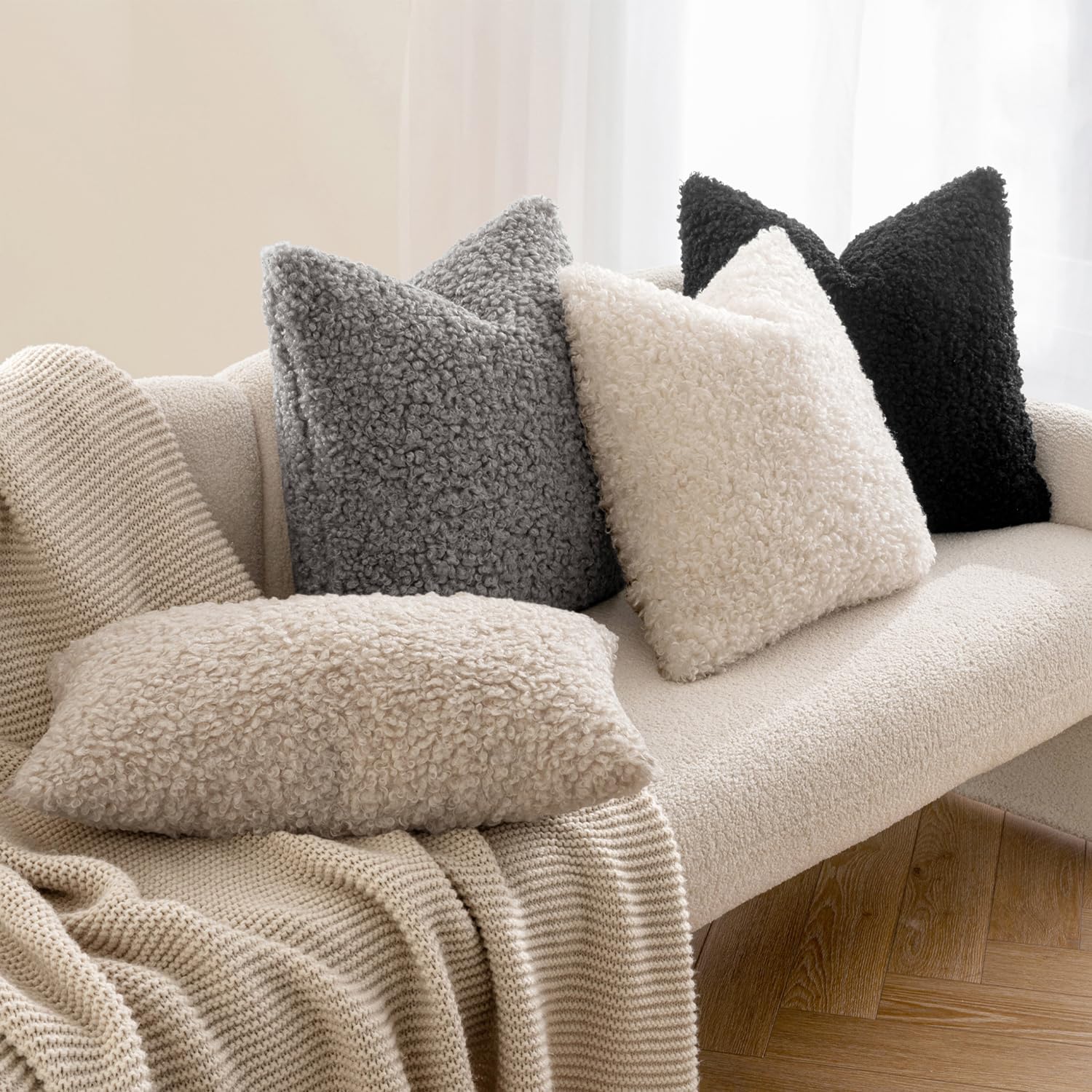 Throw Pillow Covers Neutral Faux Fur Decorative Sherpa Pillow Covers / 18 x 18 / Black / Set of 2