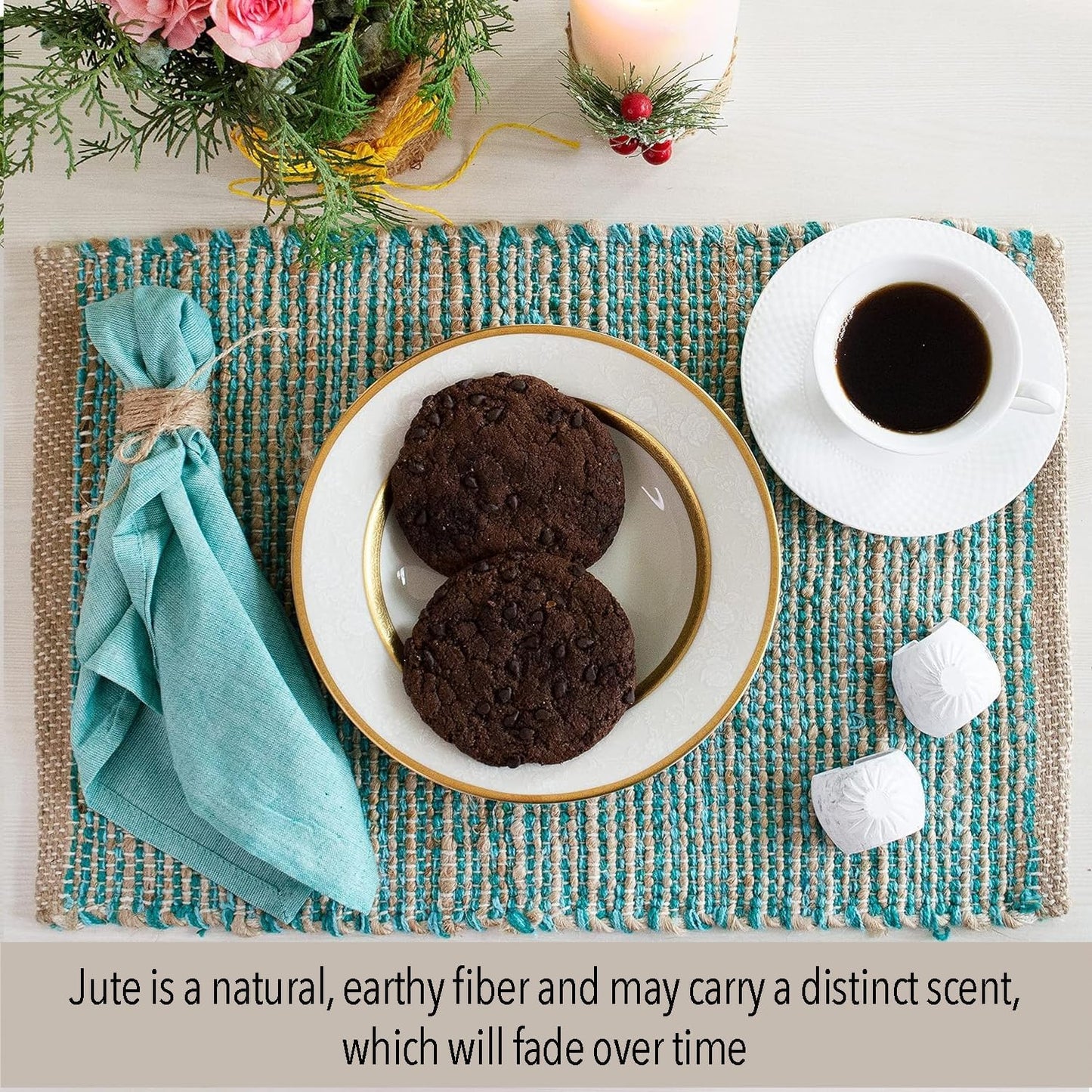 Natural Jute & Aqua Turquoise Placemats, Set of 4 – Rustic Handmade Boho Table Mats, 13x19 in Dining Table Placemats