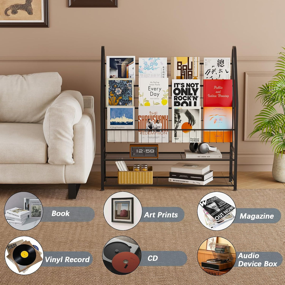 Arbuxzuy Magazine Rack Small Metal for Storage Freestanding 11.8" D x 32.3" W x 38.2" H, Sofa Height Book Shelf Short