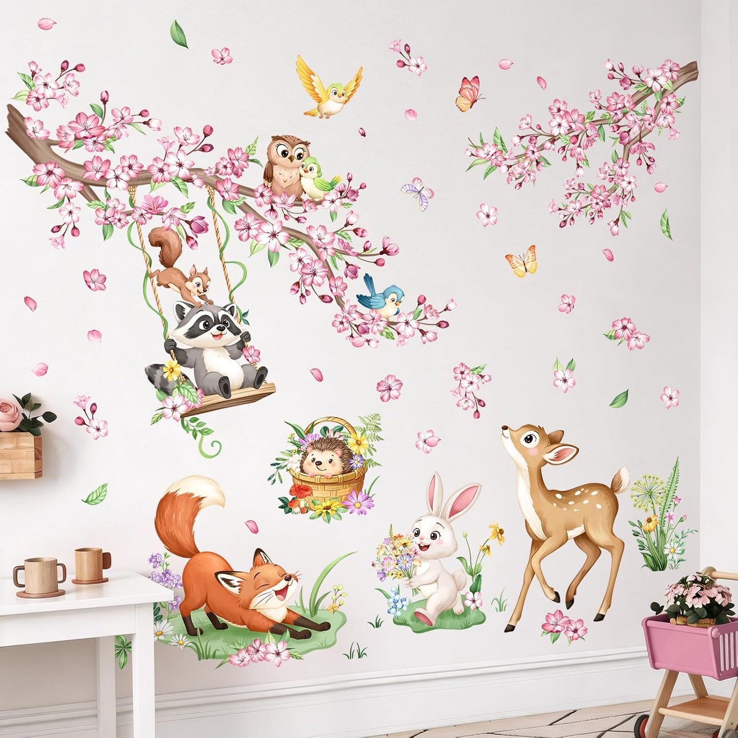 Woodland Animal Wall Decals Cherry Blossom Flower Tree Branch Deer Fox Wall Stickers for Girls Room