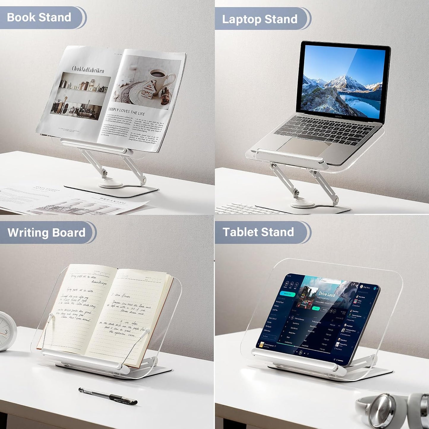 BYMECOST Acrylic Book Stand for Reading, Adjustable Book Holder,Black | Foldable Desktop Riser Stand with 360° Rotating