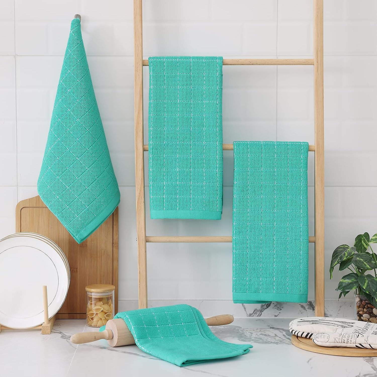 Homaxy 100% Cotton Terry Kitchen Towels, 6 Pack, Turquoise | Ultra Soft and Absorbent Dish Towels for Kitchen, Suitable