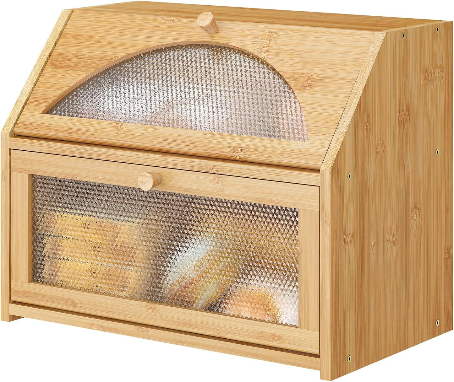 Bread Box, Bamboo Wood Bread Box for Kitchen Counter, Double-layer Bread Storage Bin, Acrylic glass with Diamond