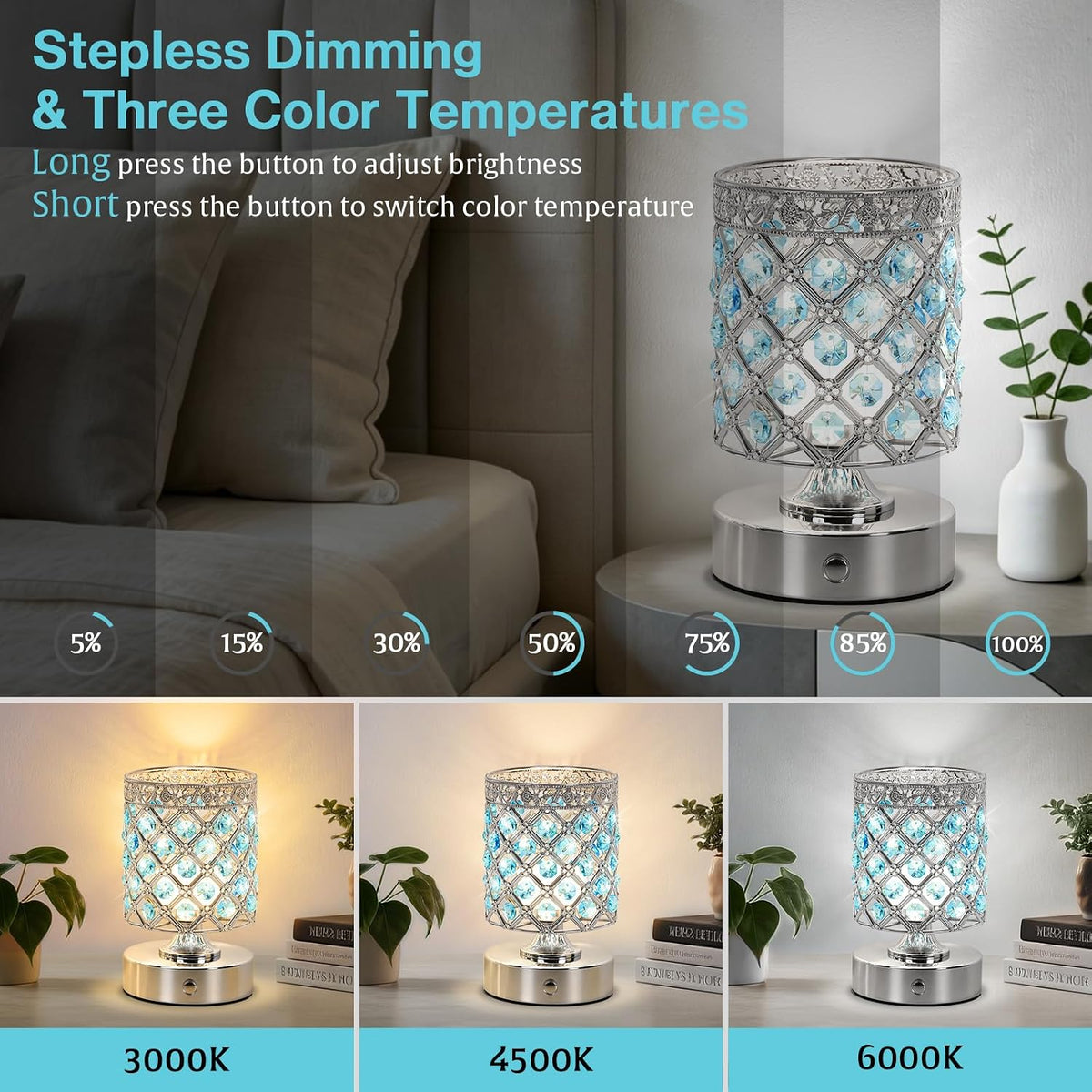 Blue Crystal Rechargeable Cordless Table Lamp, Touch Small Desk Lamp | 6000mAh Battery, 3 Color Temps, Stepless