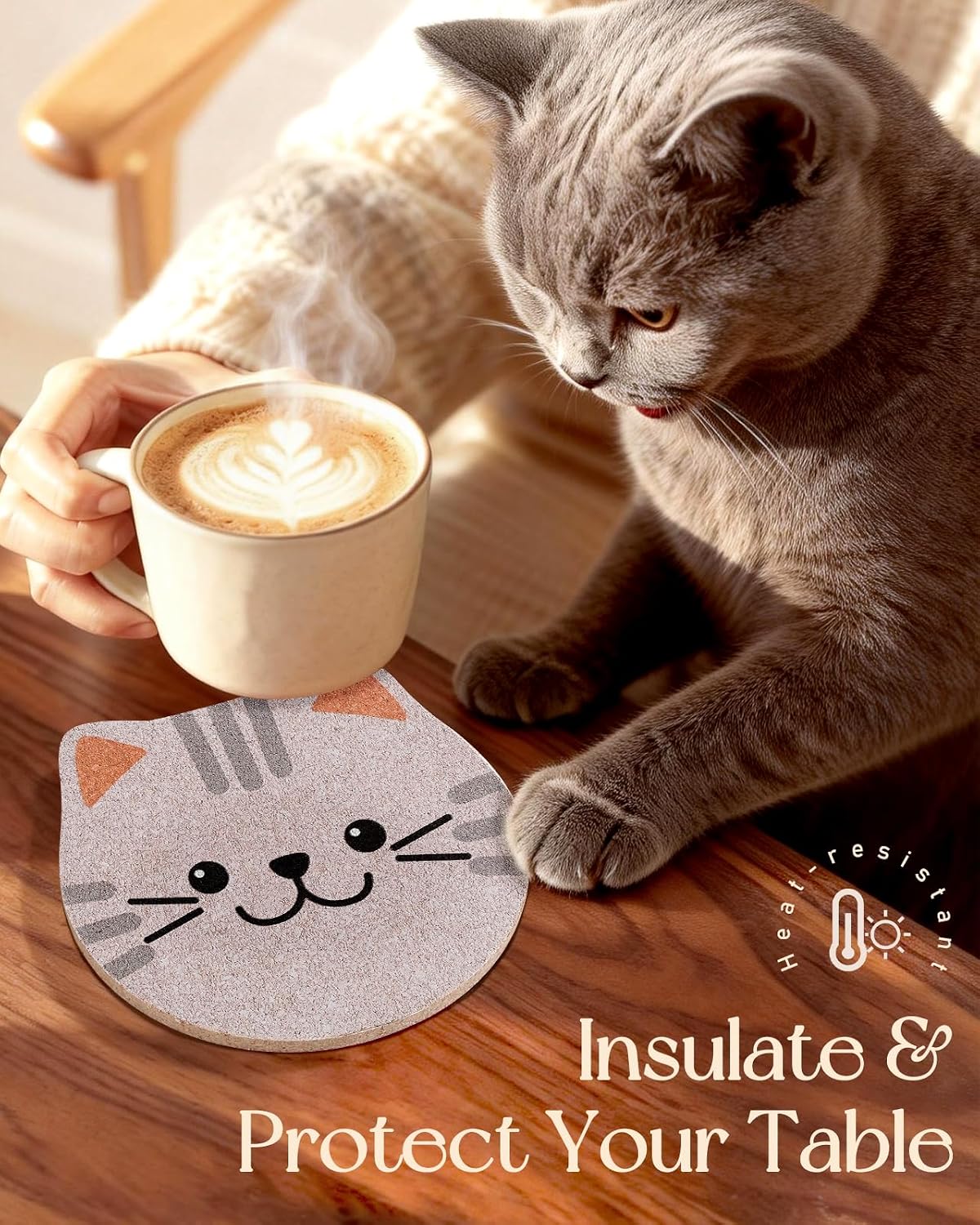 Cat Drink Coasters for Cat Lovers Gifts Desk Coffee Table -Funny Cup Holder / Cork / Set of 6