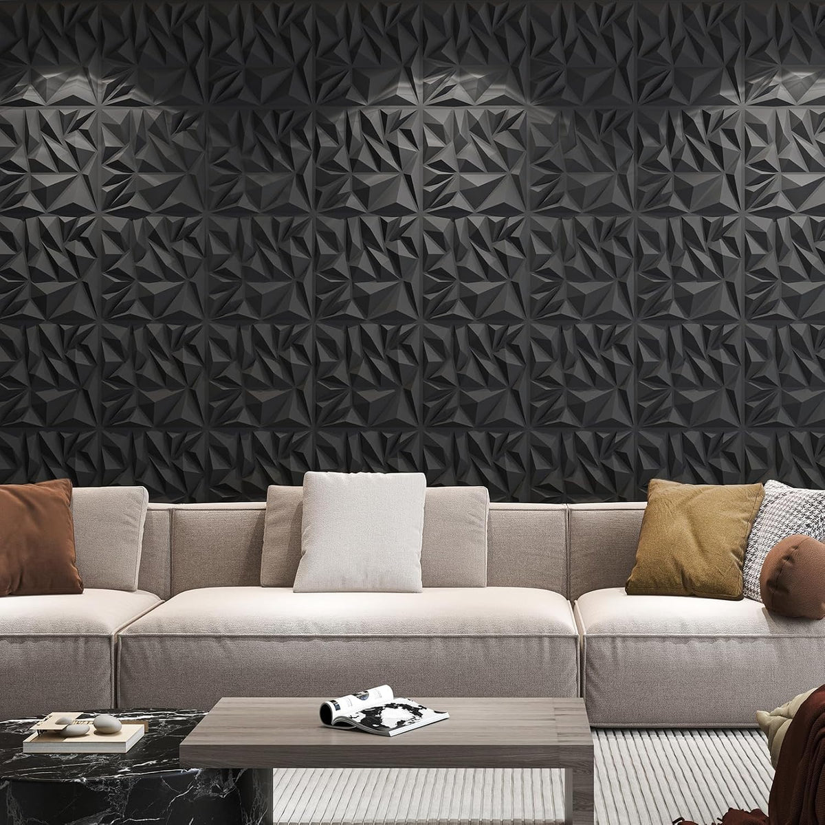 Art3d 50-Pack Modern Diamond Textured 3D Wall Panels, 12 x 12 in, Black | Light PVC, Waterproof, Scratch Proof