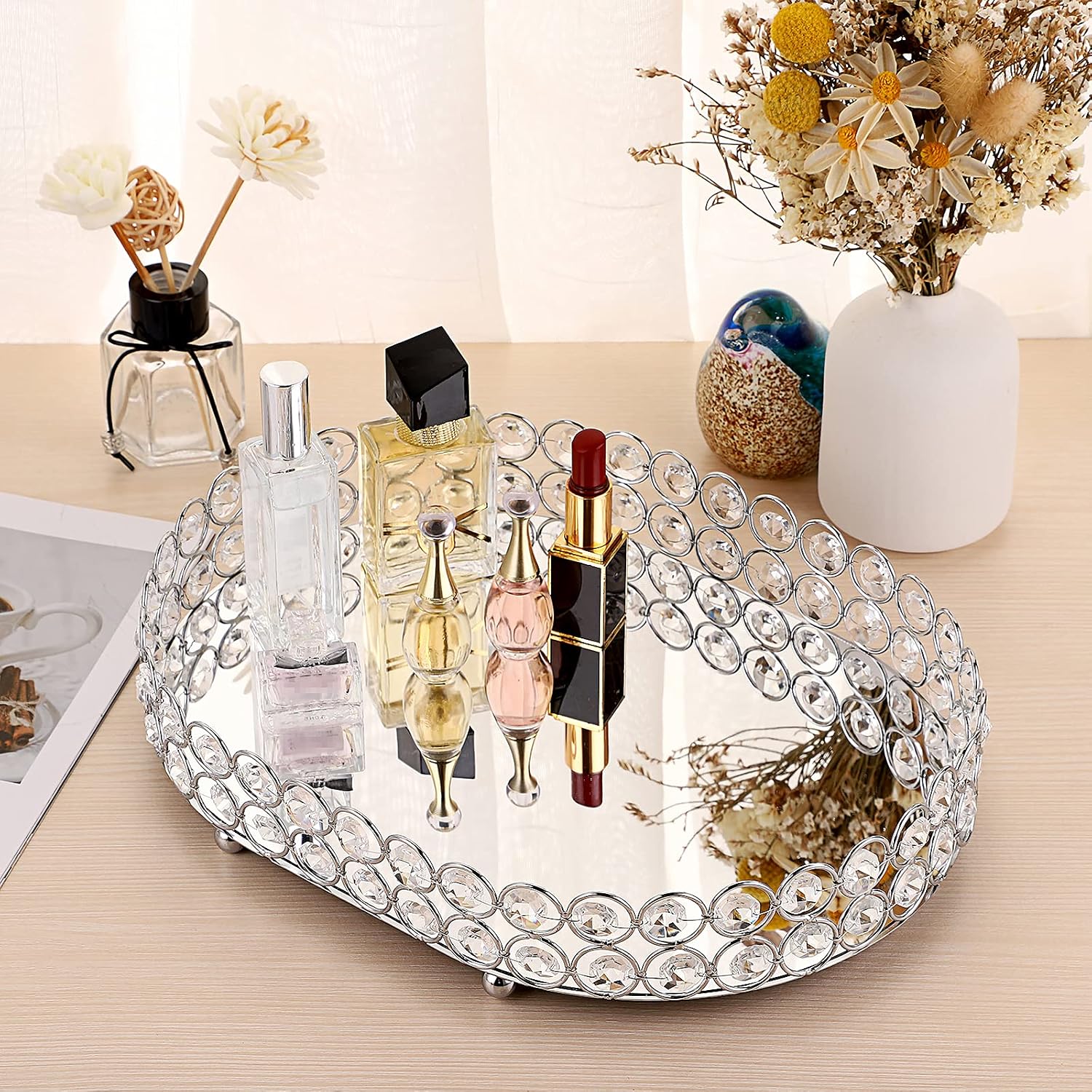 Crystal Vanity Tray Mirrored Dresser Perfume Trays for Makeup Tray / 11.8 x 8.7 x 2.3 / Silver