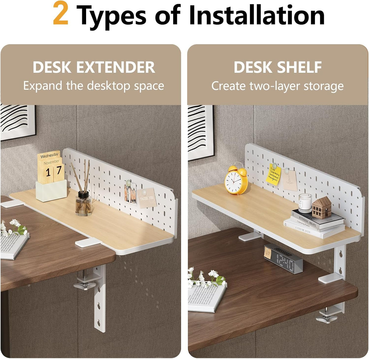 Clamp on Desk Extender Shelf, 22" Desk Riser with Pegboard | Heavy-Duty Side/Top Desk Organizer Shelf for Office