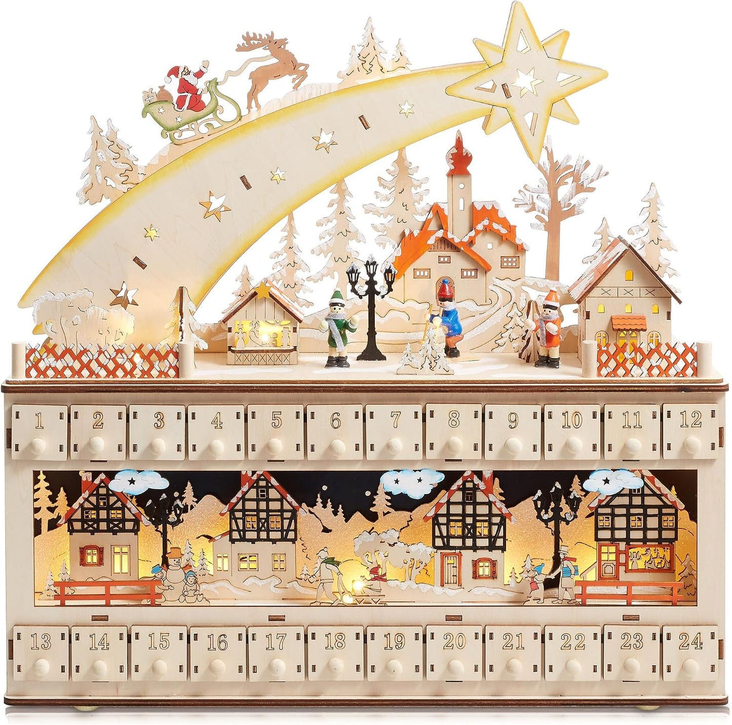 Casafield Wooden Christmas Advent Calendar, Pre-Lit with Drawers Holiday Decoration with Shooting Star and LED Light-Up