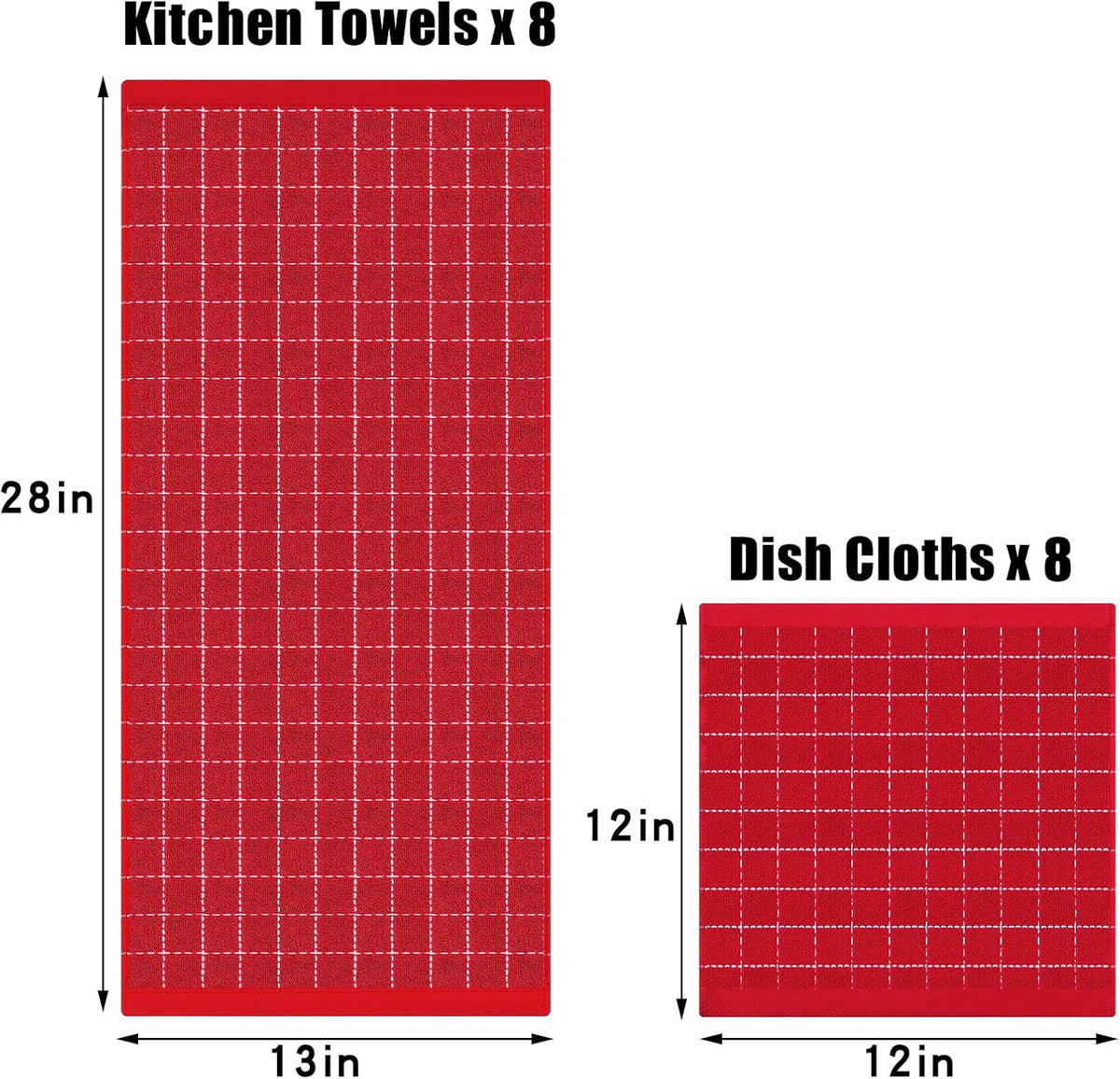 Homaxy Kitchen Towels and Dishcloths Set, Set of 16, Red | Bulk Cotton Terry Kitchen Towels, Checkered Designed, Soft