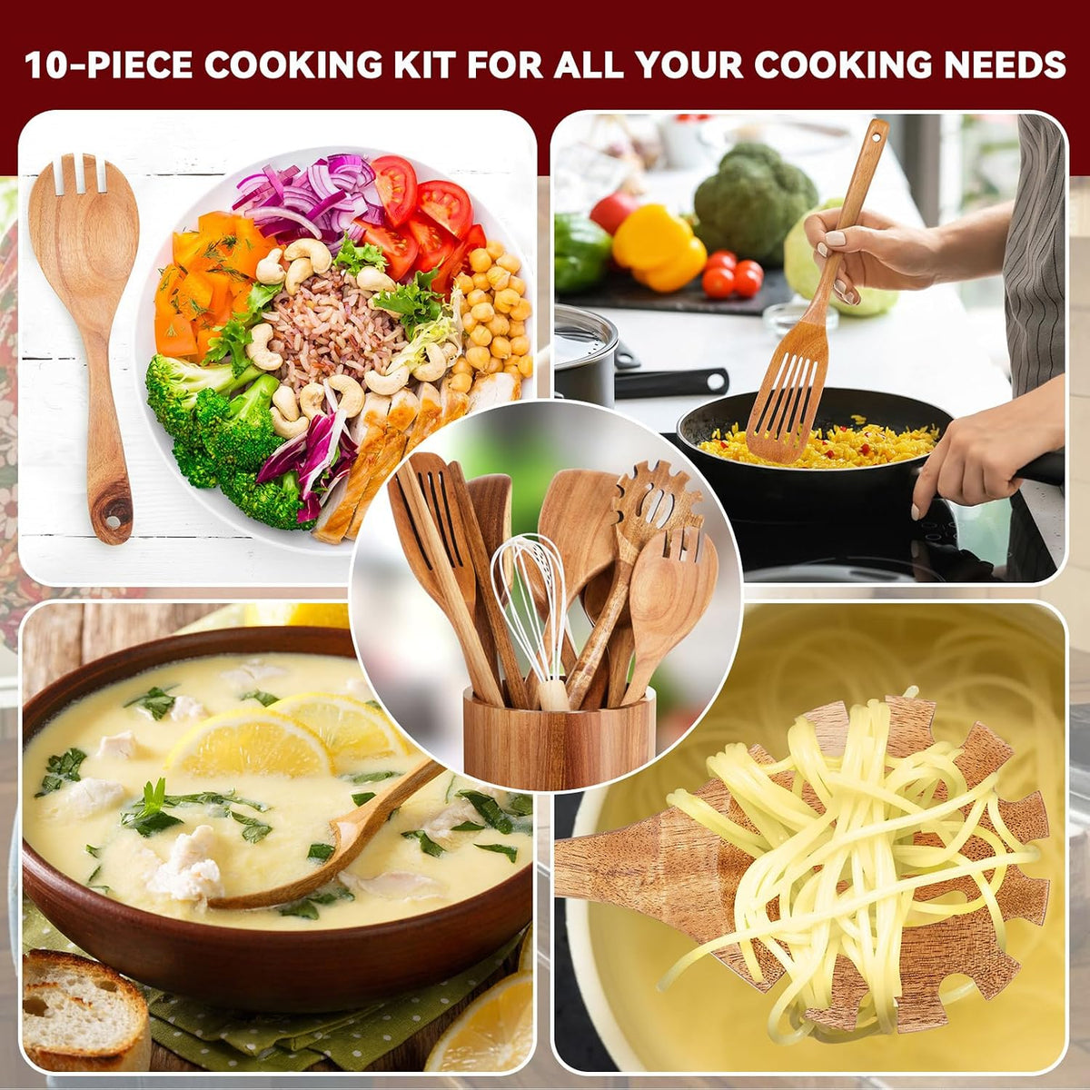 SiliFine 11 Pcs Wooden Kitchen Utensils Set with 360° Straight Rotating Holder Acacia Wood Cooking Utensils with