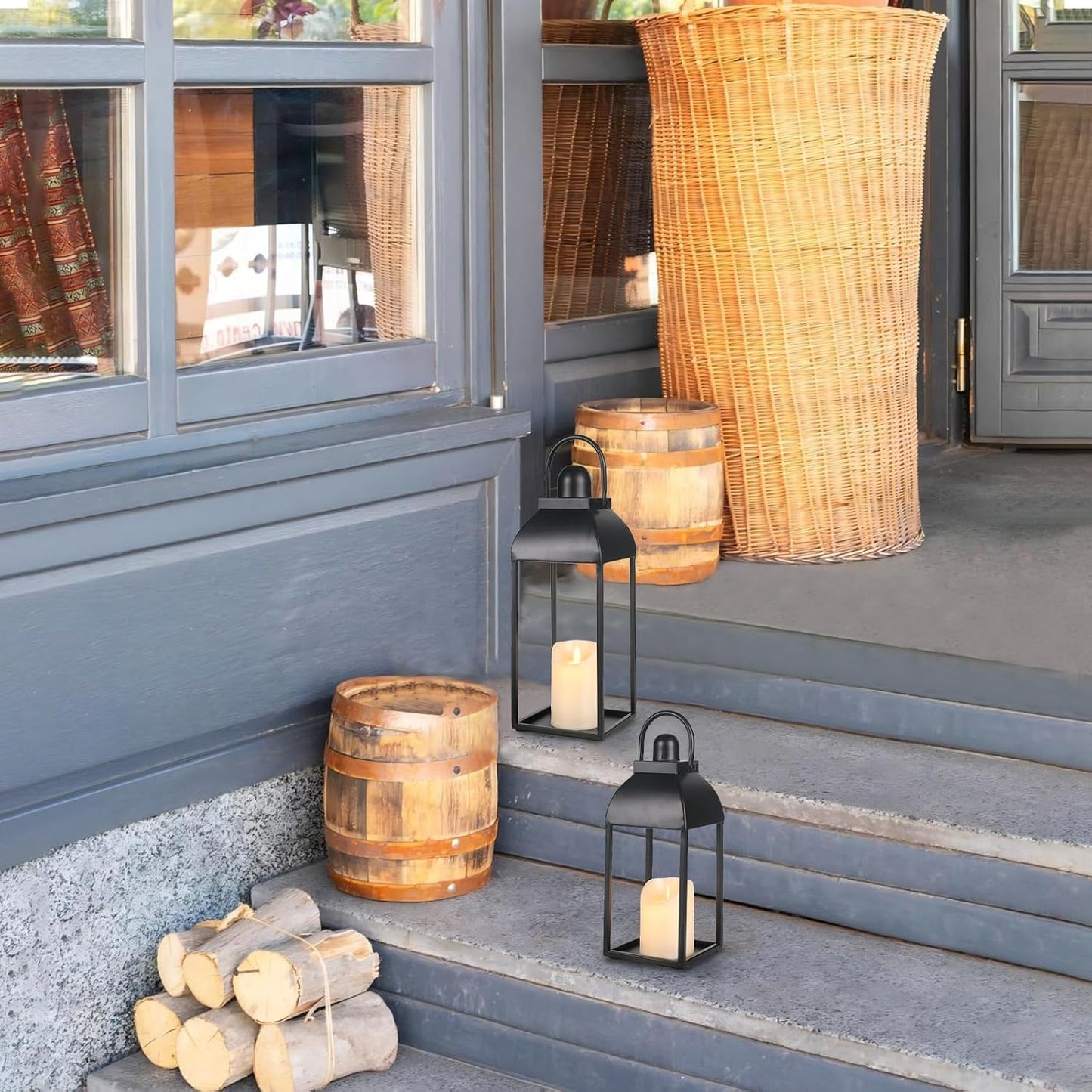 Lanterns Decorative Outdoor Indoor, 17'' 13'' Black Metal Outdoor Lanterns | Set of 2 Modern Farmhouse Candle Lantern