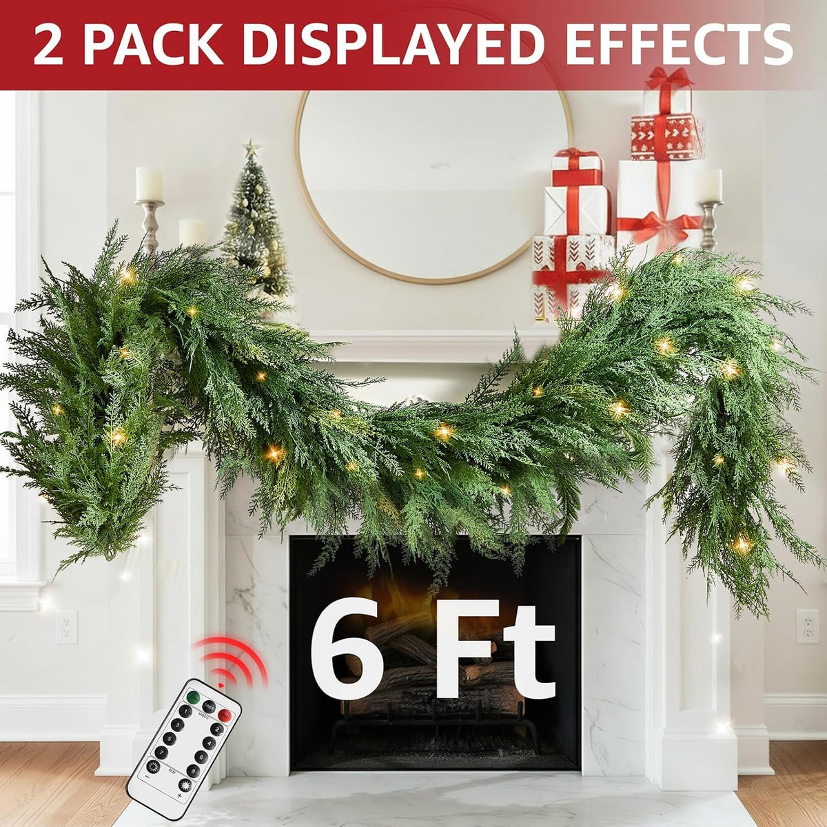 Christmas Cedar Garland Realistic - Cypress Decorations with Lights 6ft for Mantle Lighted Faux Pine Garlands for Xmas