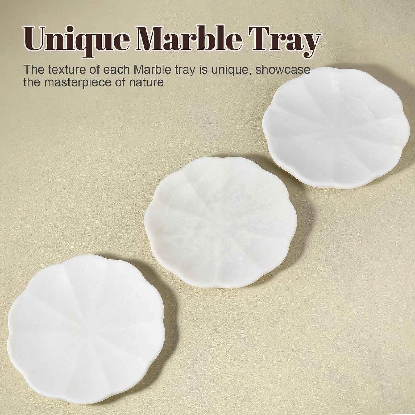 8" Round Scalloped Marble Vanity Tray for Jewelry Trinket / Namib Bianco / Natural / Set of 8