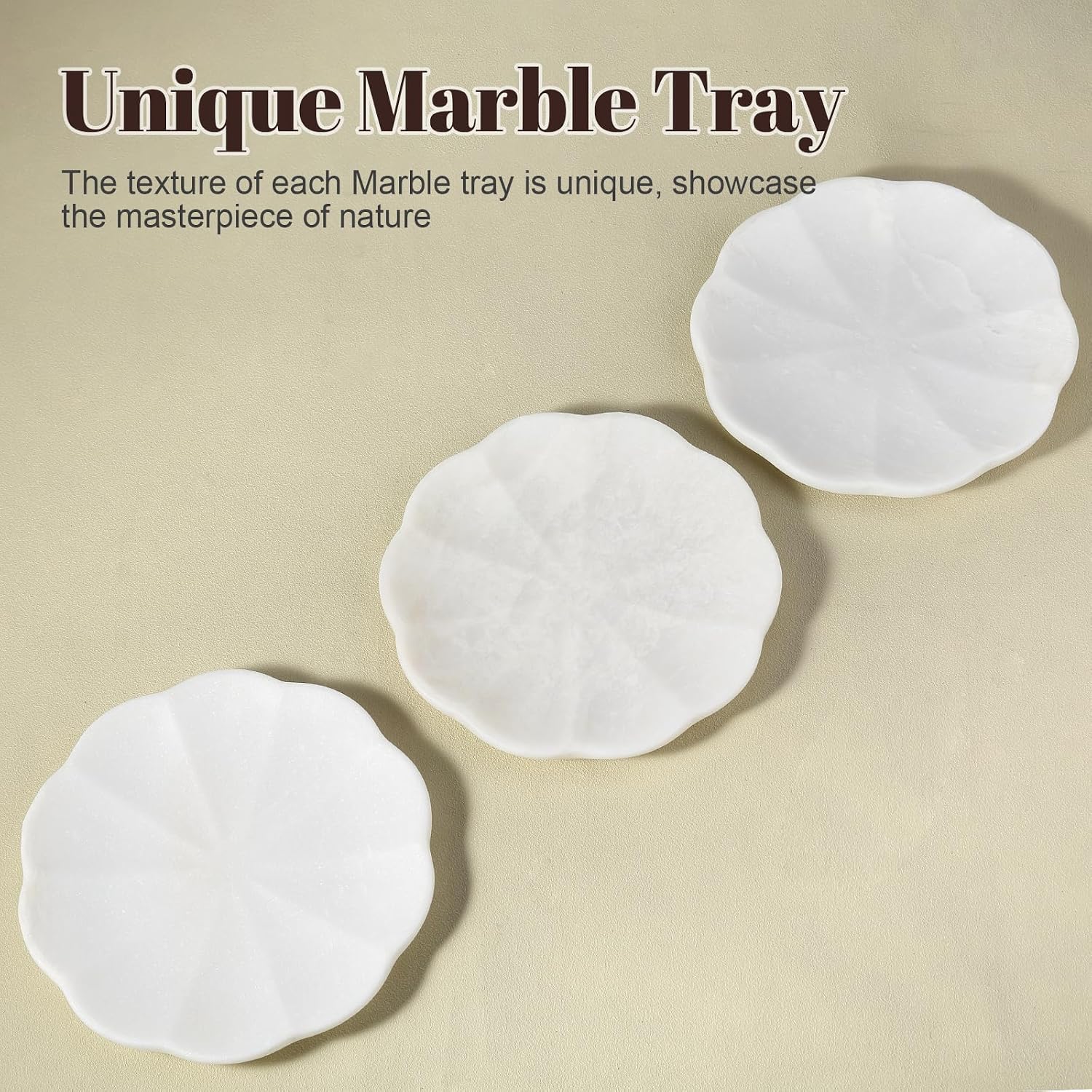 8" Round Scalloped Marble Vanity Tray for Jewelry Trinket / Namib Bianco / Natural / Set of 8