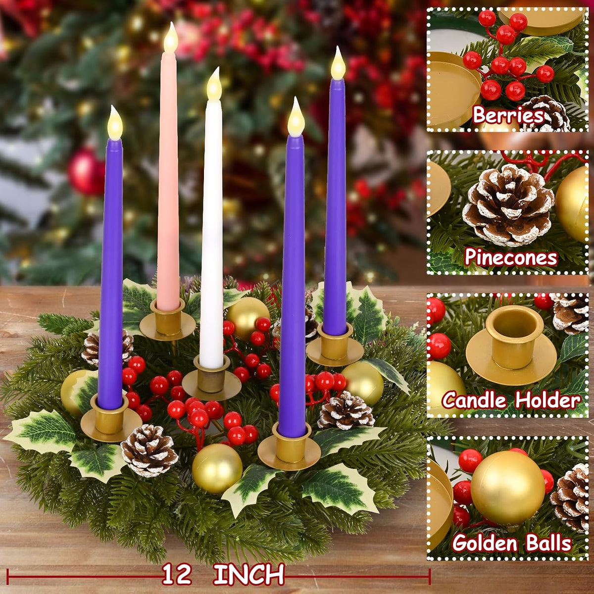 6 Pcs Christmas Advent Wreath Advent Candle Holder with 5 Flameless Simulated Candles, 12 Inch Advent Wreath and
