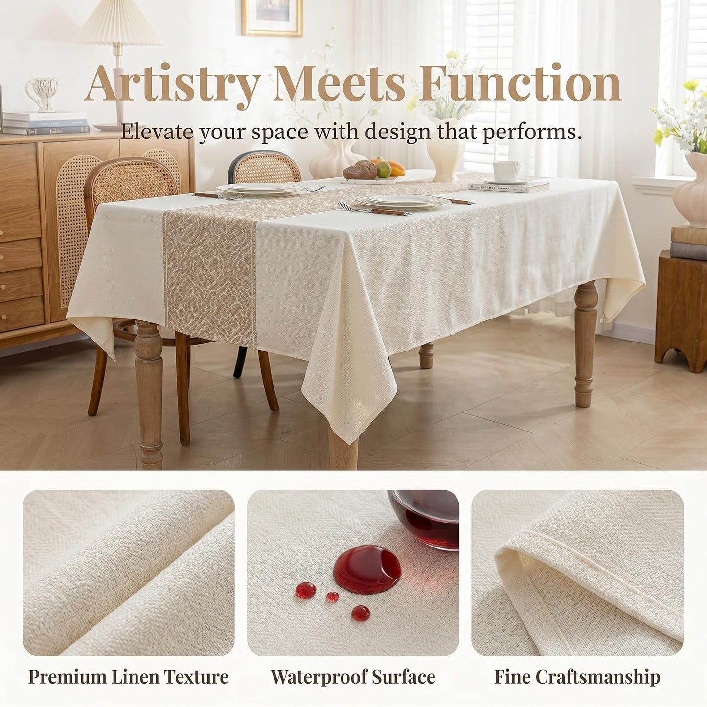 Rectangle Linen Tablecloth Classic Vine Spillproof Cloth 55x102 Inch | Stain Resistant Woven Classic Scroll Runner
