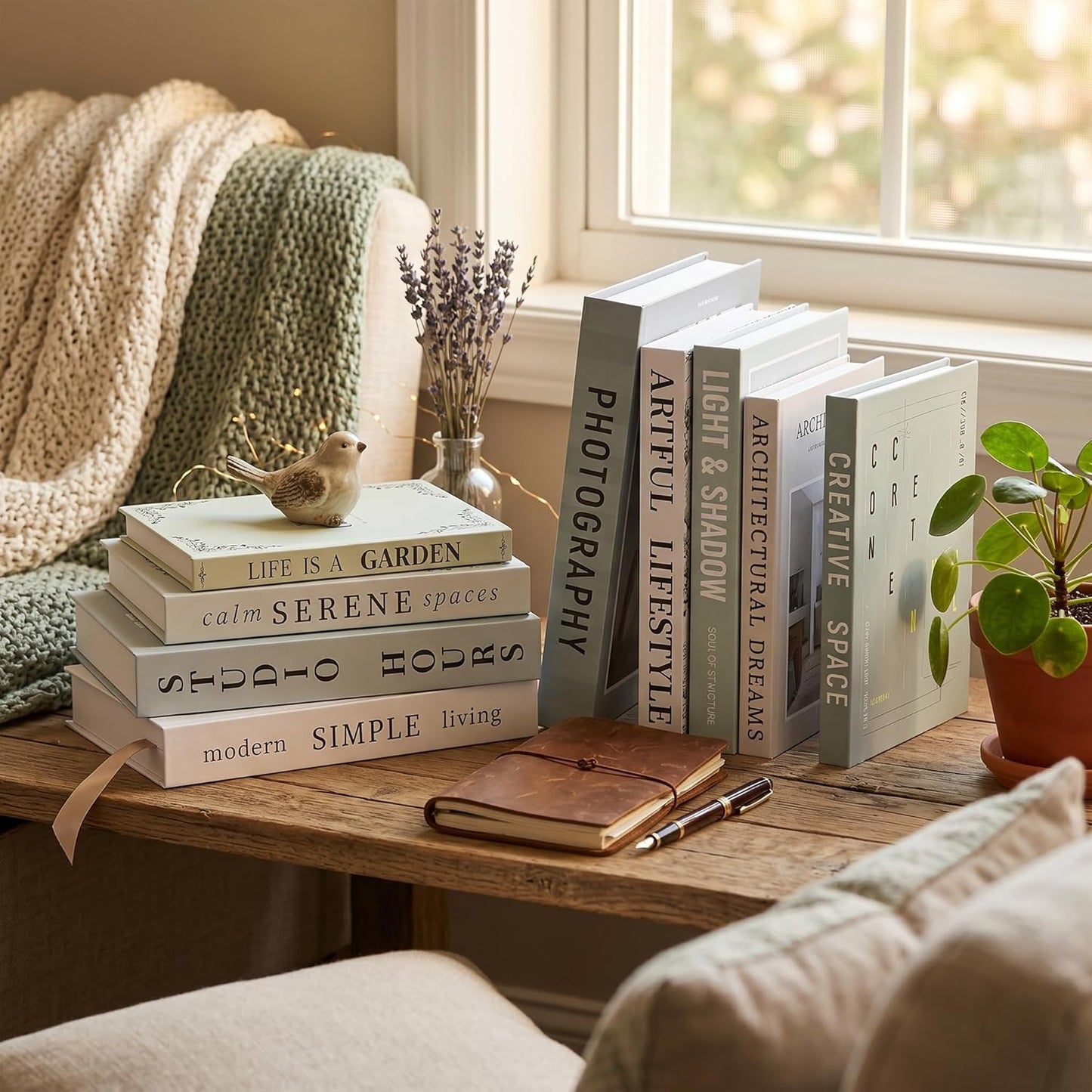 Faux Book Storage Boxes / Sage-beige / 9 Books / Set of 9