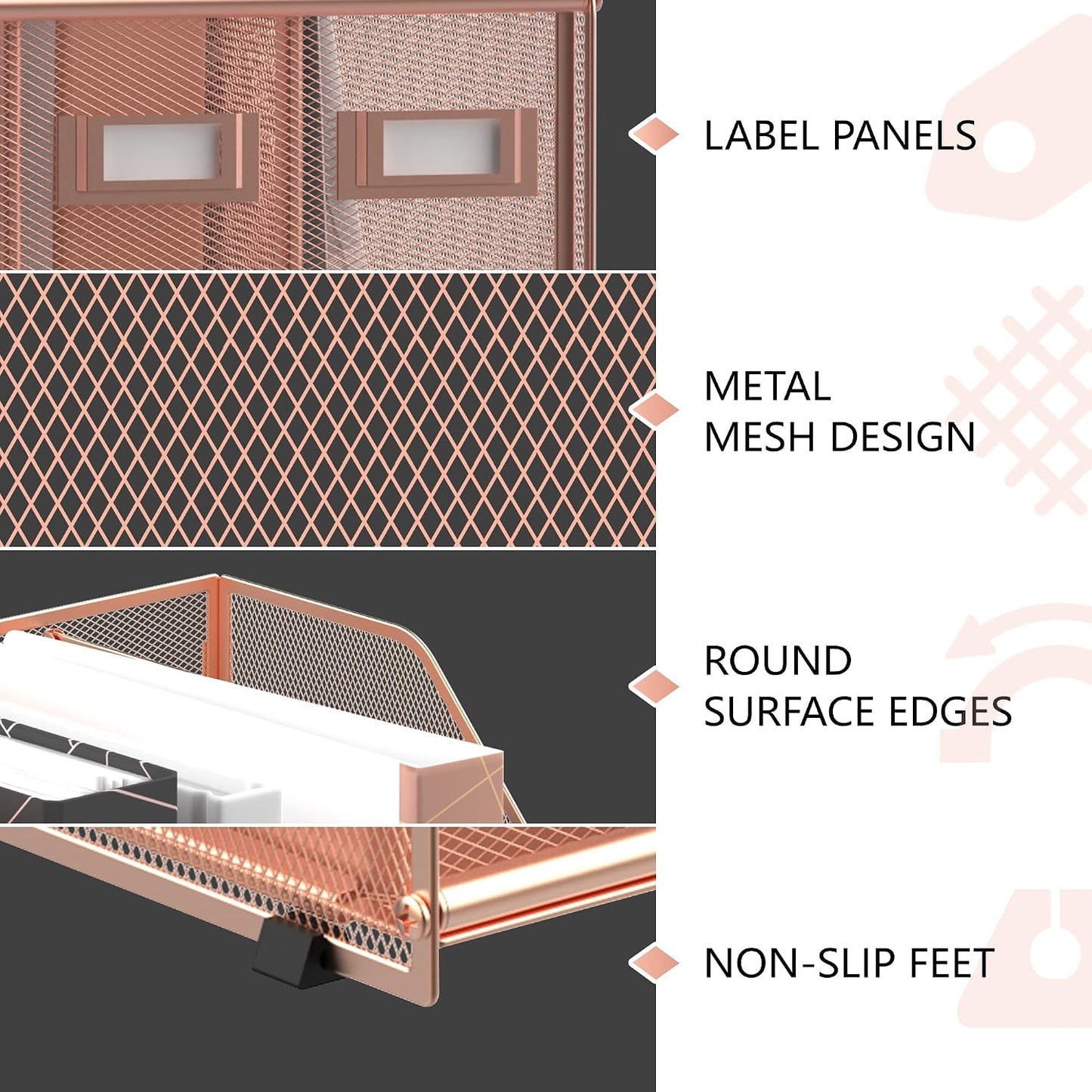 DALTACK 5-Slot Magazine File Holder, Metal Binder Holder, Rose Gold | Iron Mesh Construction, Labeled Sections for Easy