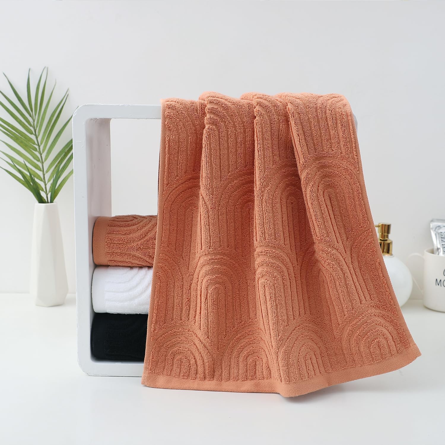 Hand Towels Set of 4 Striped Pattern 100% Cotton Absorbent Soft Decorative Towel for Bathroom (Burnt Orange)