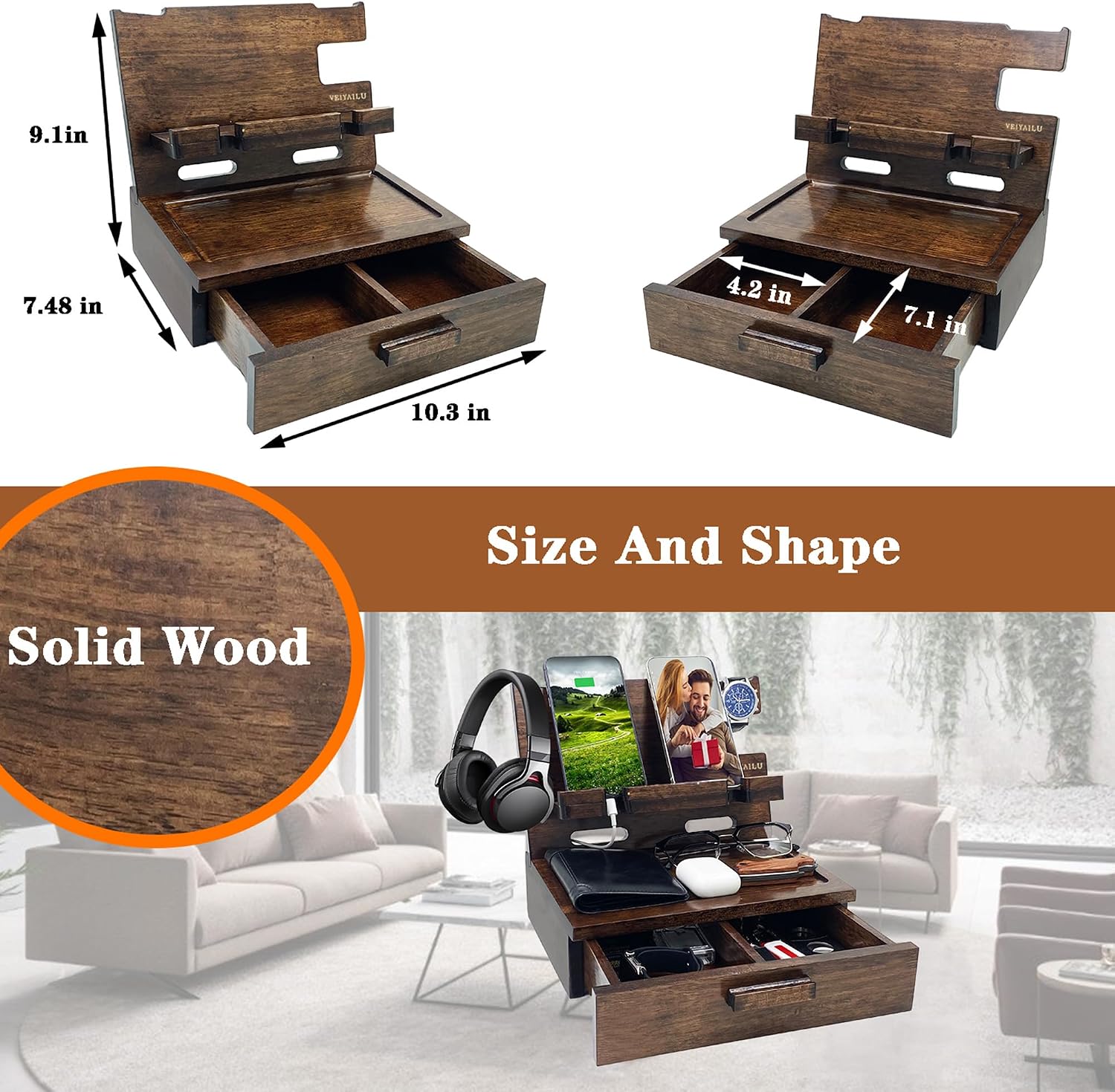 Gifts for Men Women Husband Son Boyfriend Him Nightstand Organizer Wood Phone Docking / Walnut