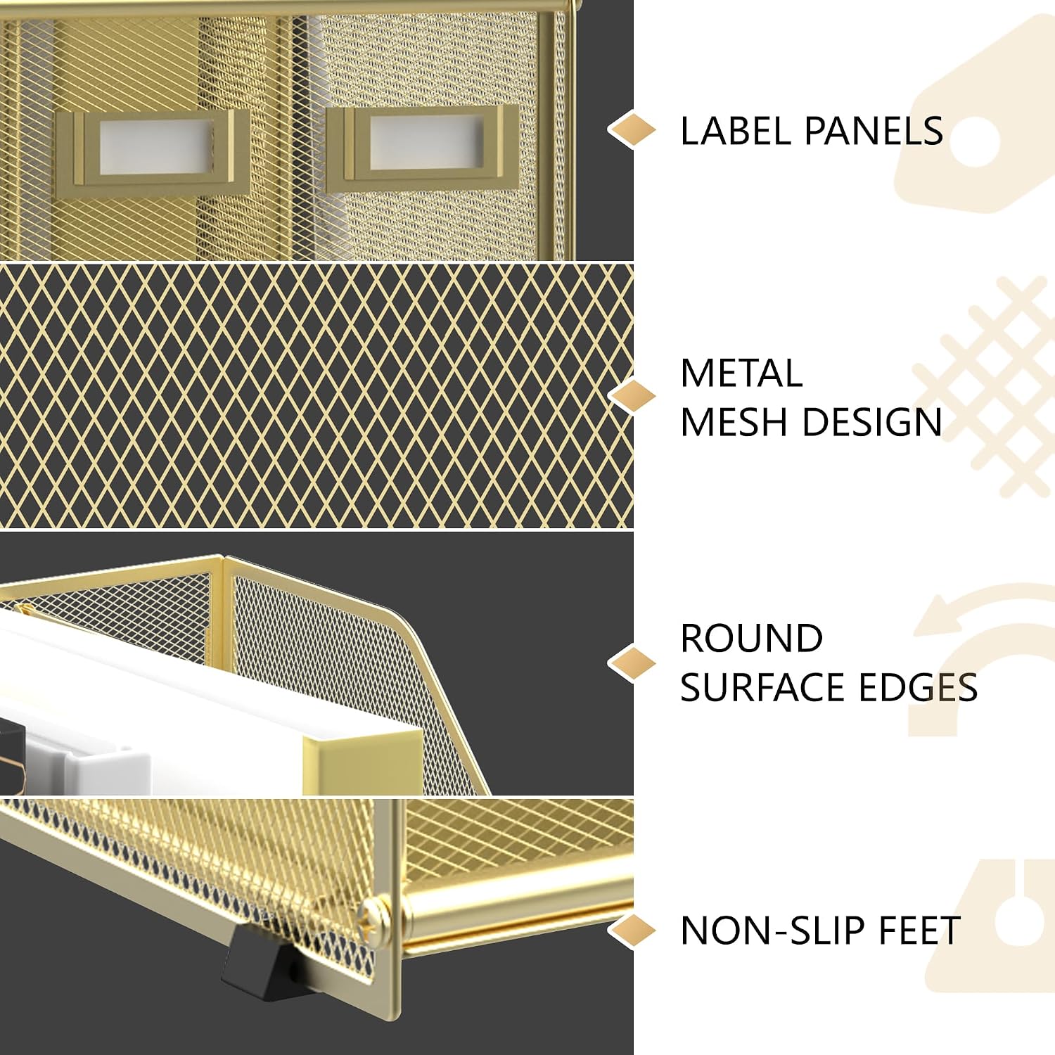 DALTACK 5-Slot Magazine File Holder, Metal Binder Holder, Gold | Iron Mesh Construction, Labeled Sections for Easy