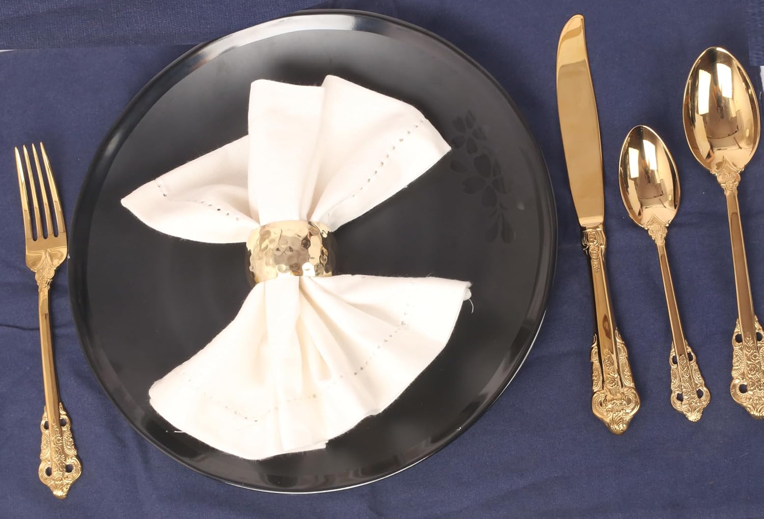 Hand Hammered Table Napkin Rings, Gold Tone, Set of 12 | Hand-hammered large-size napkin holders; Decorative table